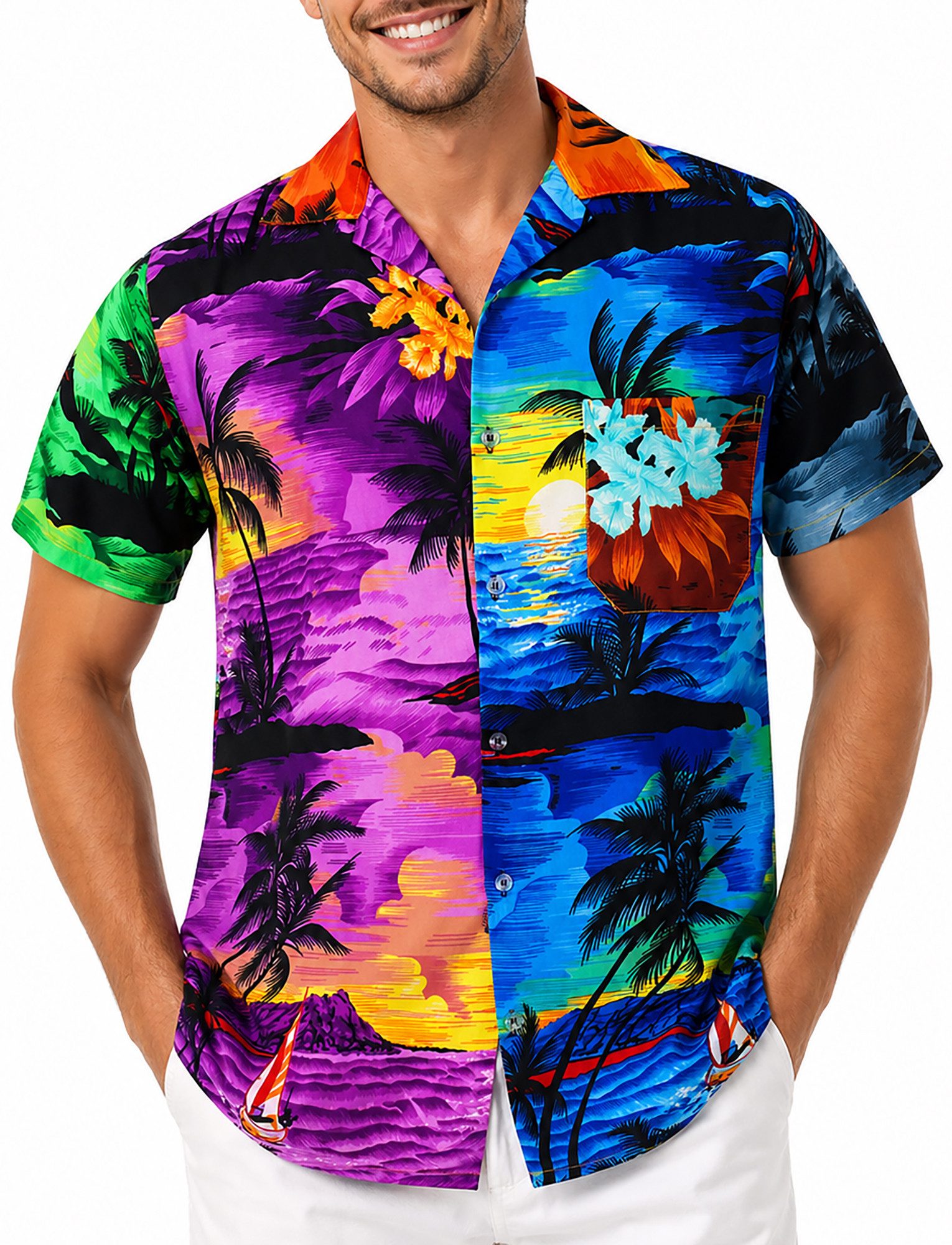 King Kameha Hawaiihemd "Surf" Funky Hawaii-Hemd Herren Kurzarm Front-Tasche Sommerhemd