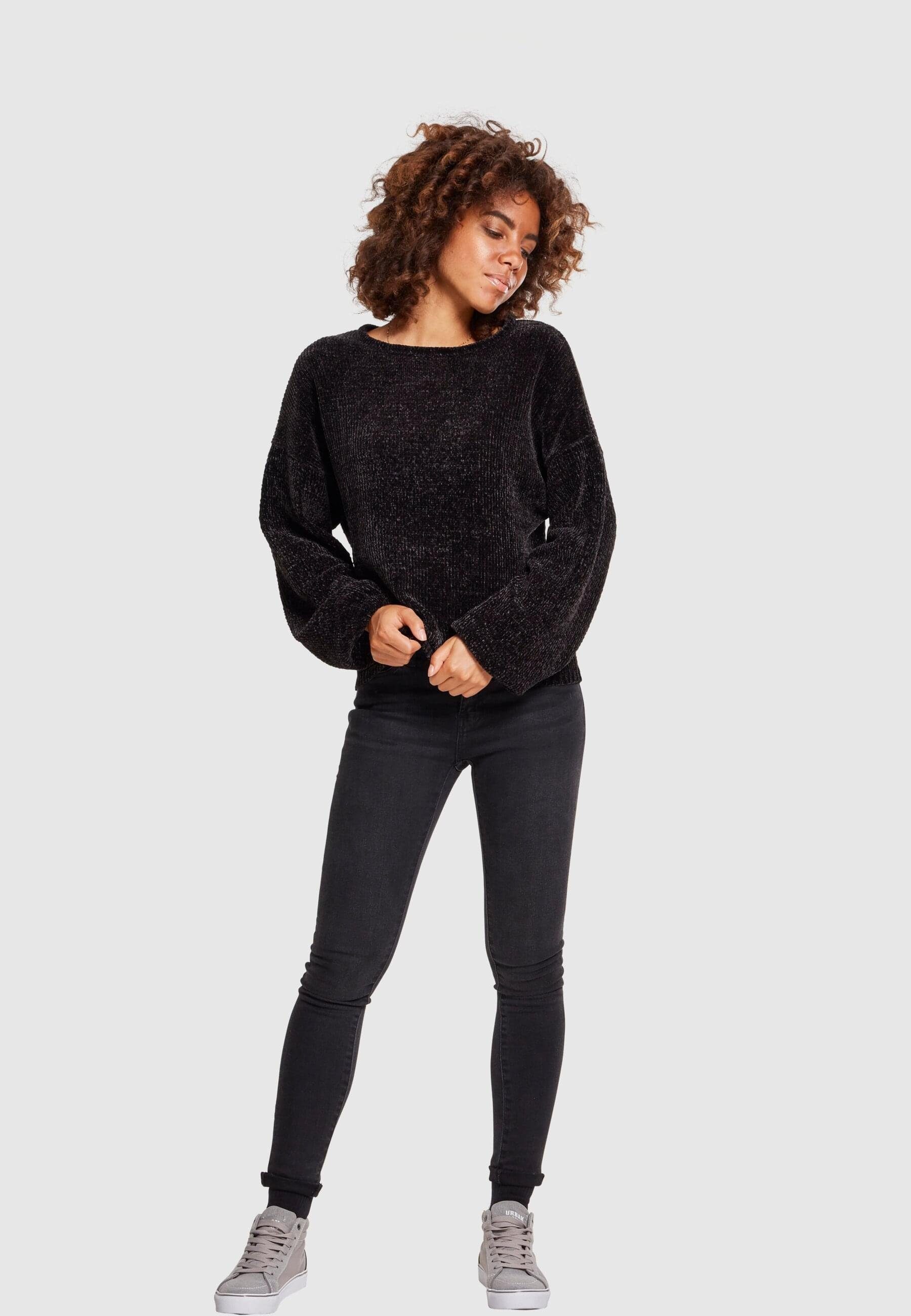 URBAN CLASSICS Kapuzenpullover black Sweater Oversize Ladies Damen (1-tlg) Oversize TB2354 Chenille Chenille