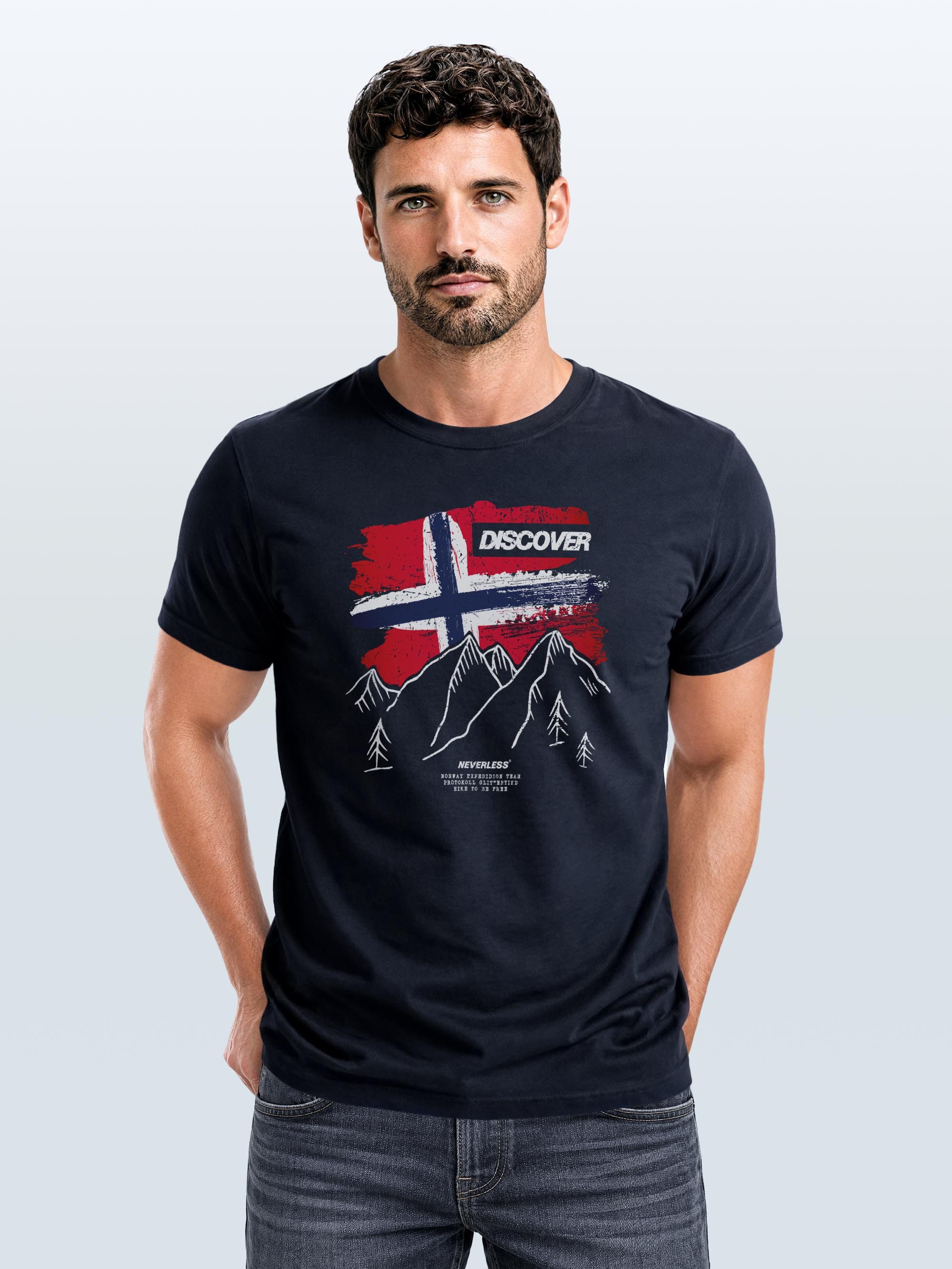 Neverless Print-Shirt Herren T-Shirt Norwegen Flagge Berge Discover Printshirt Outdoor mit Print