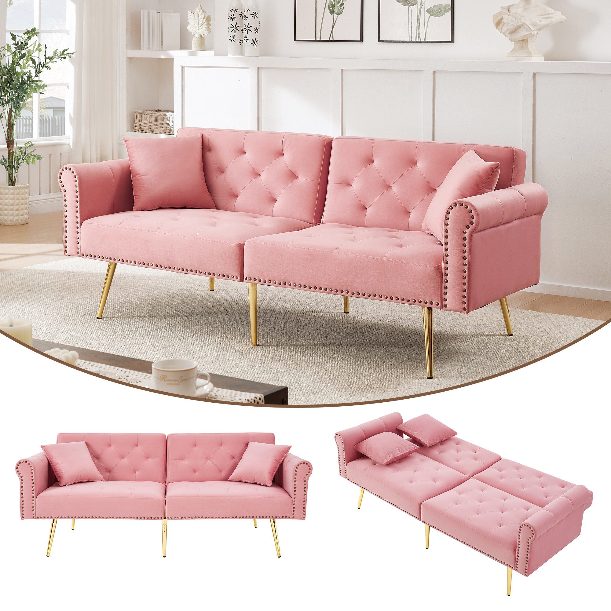 OKWISH Schlafsofa 2-Sitzer-Sofa mit Schlaffunktion, Wohnzimmersofa 1 Teile, Samtbezug, Rückenlehne mit 3-stufiger Verstellung