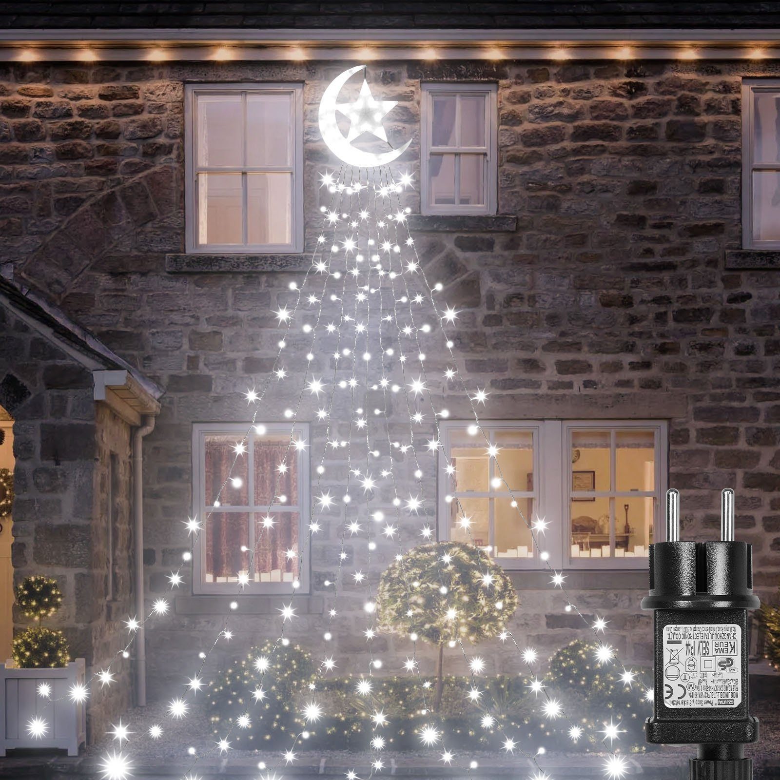 Sunicol LED-Lichterkette Timer Weihnachtsbaum Beleuchtung Außen Party Garten Deko, 8 Modi, Lichterkette mit Stern Wasserfall, Wasserdicht Nachtlicht Weiß