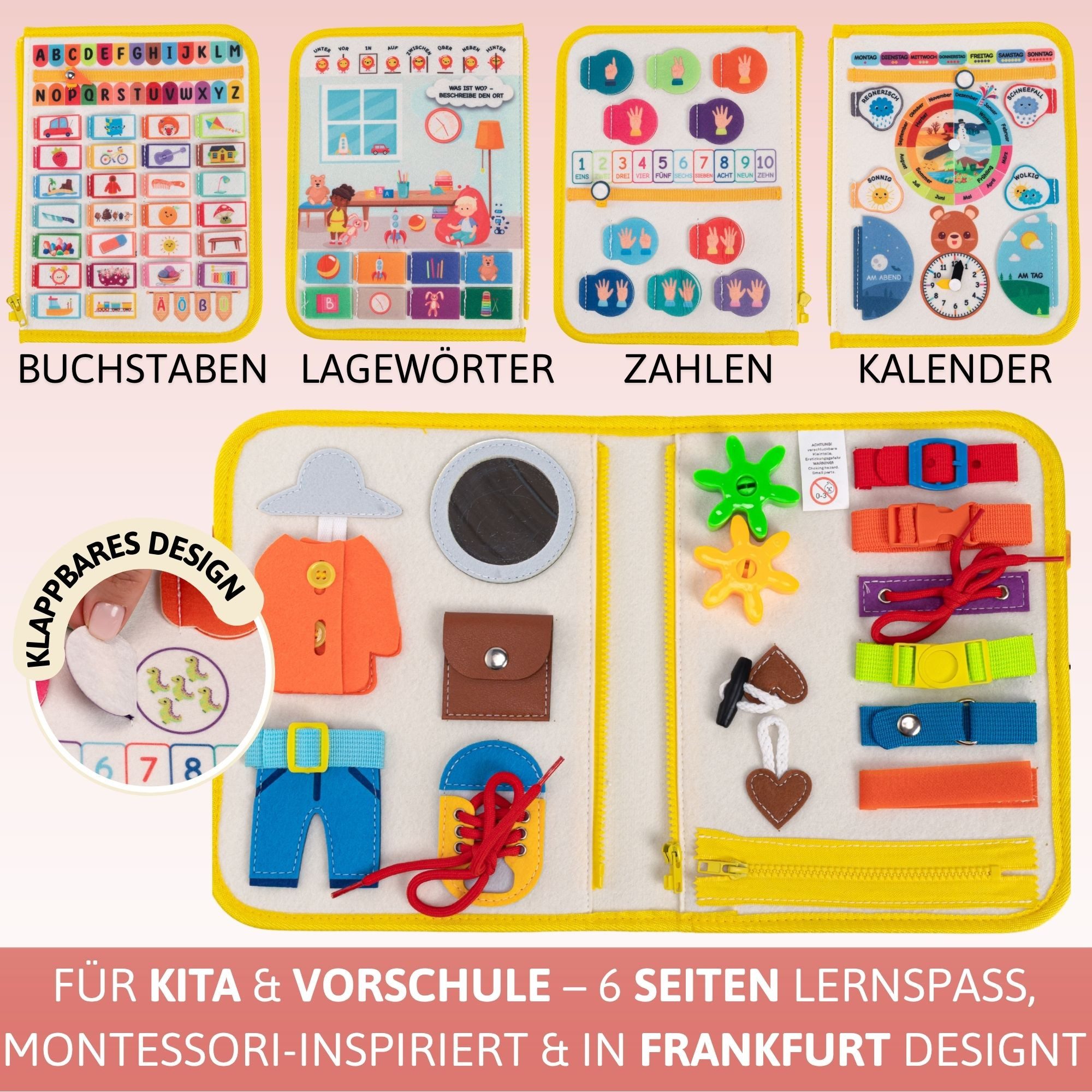 Lions Collection Lernspielzeug Busy Board Deutsch - vernäht - Montessori Spielzeug - Motorikmappe – Bild 4 von 5