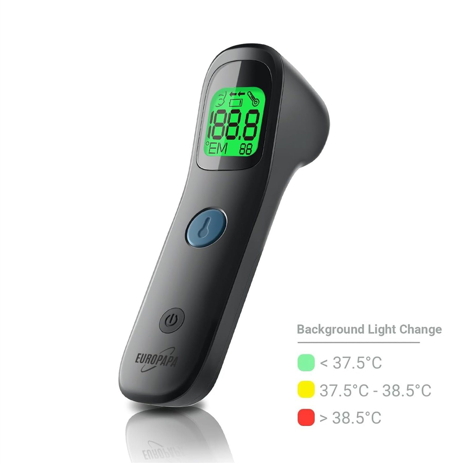 EUROPAPA Fieberthermometer Fieberthermometer für Baby Kinder Erwachsene, 1 x Fieberthermometer & 2 x AAA-Batterien im Lieferumfang enthalten, Stirnthermometer, Fieberalarm, °C/°F Schalter, 30-facher Messwertspeicher