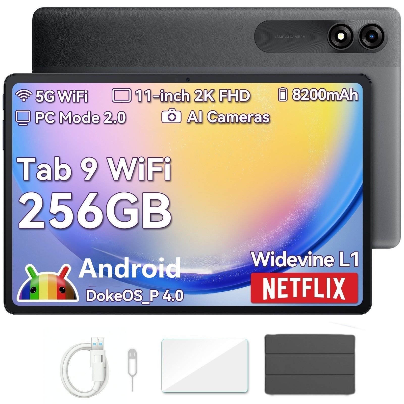 blackview Tab9Wifi FHD 2025 Android 14 incl. Hülle Tablet (11", 256 GB, DokeOS_P 4.0, Android 14, FHD, 8200 mAh, Face ID, Dual-Box)