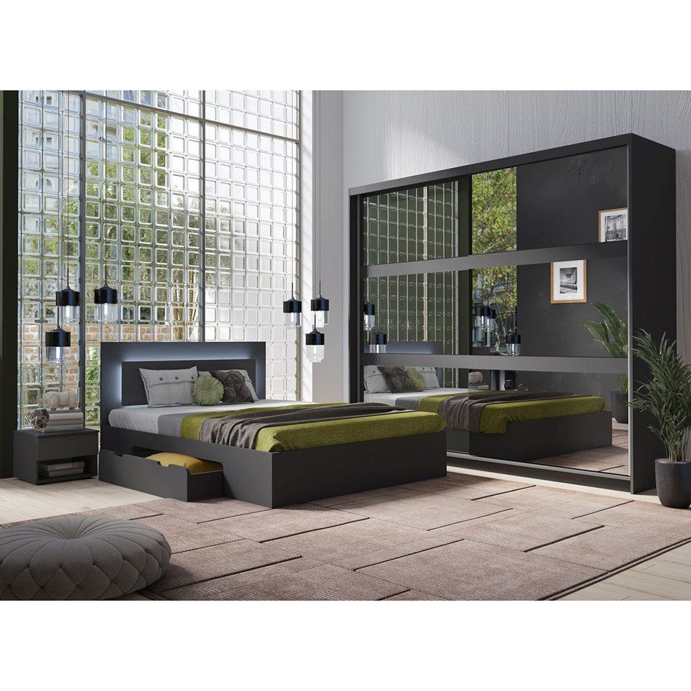 Lomadox Schlafzimmer-Set FAIDO-166, (Spar-Set, 4-tlg., Kommode Nachttische Bett Schwebetürenschrank), graphit, Kopfteil mit LED-Beleuchtung, Liegefläche 180x200cm