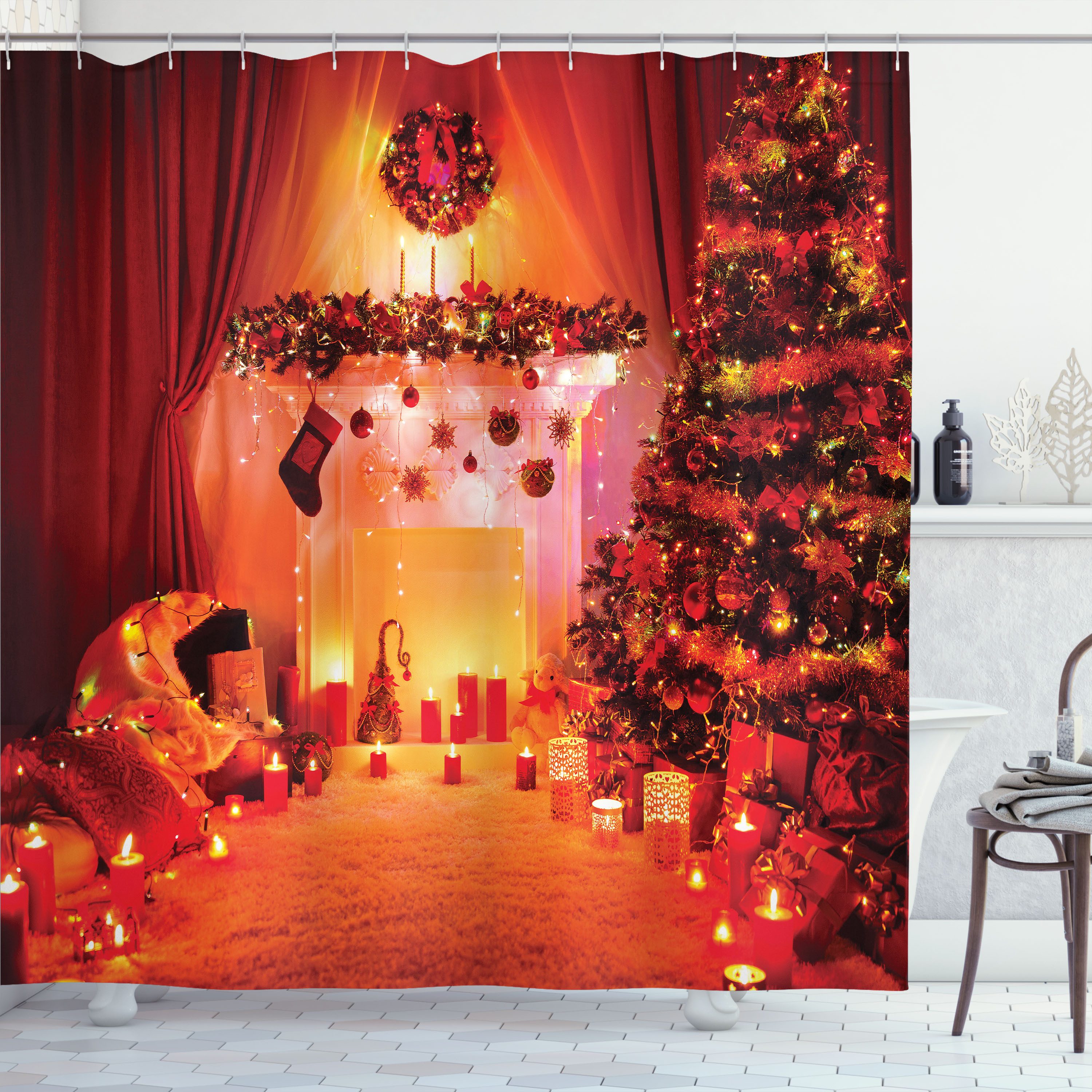 Abakuhaus Duschvorhang Moderner Digitaldruck mit 12 Haken auf Stoff Wasser Resistent Breite 175 cm, Höhe 180 cm, Weihnachten Noel New Years Theme