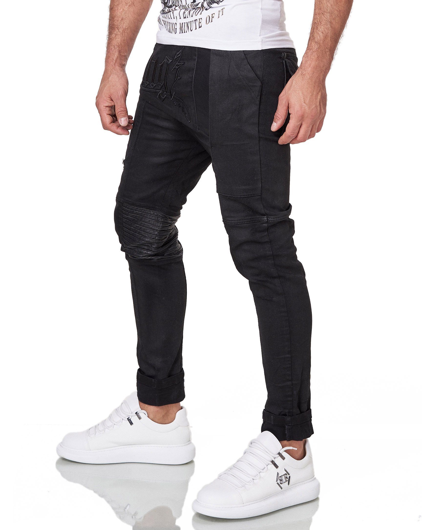 KINGZ Slim-fit-Jeans mit Kunstleder-Applikationen