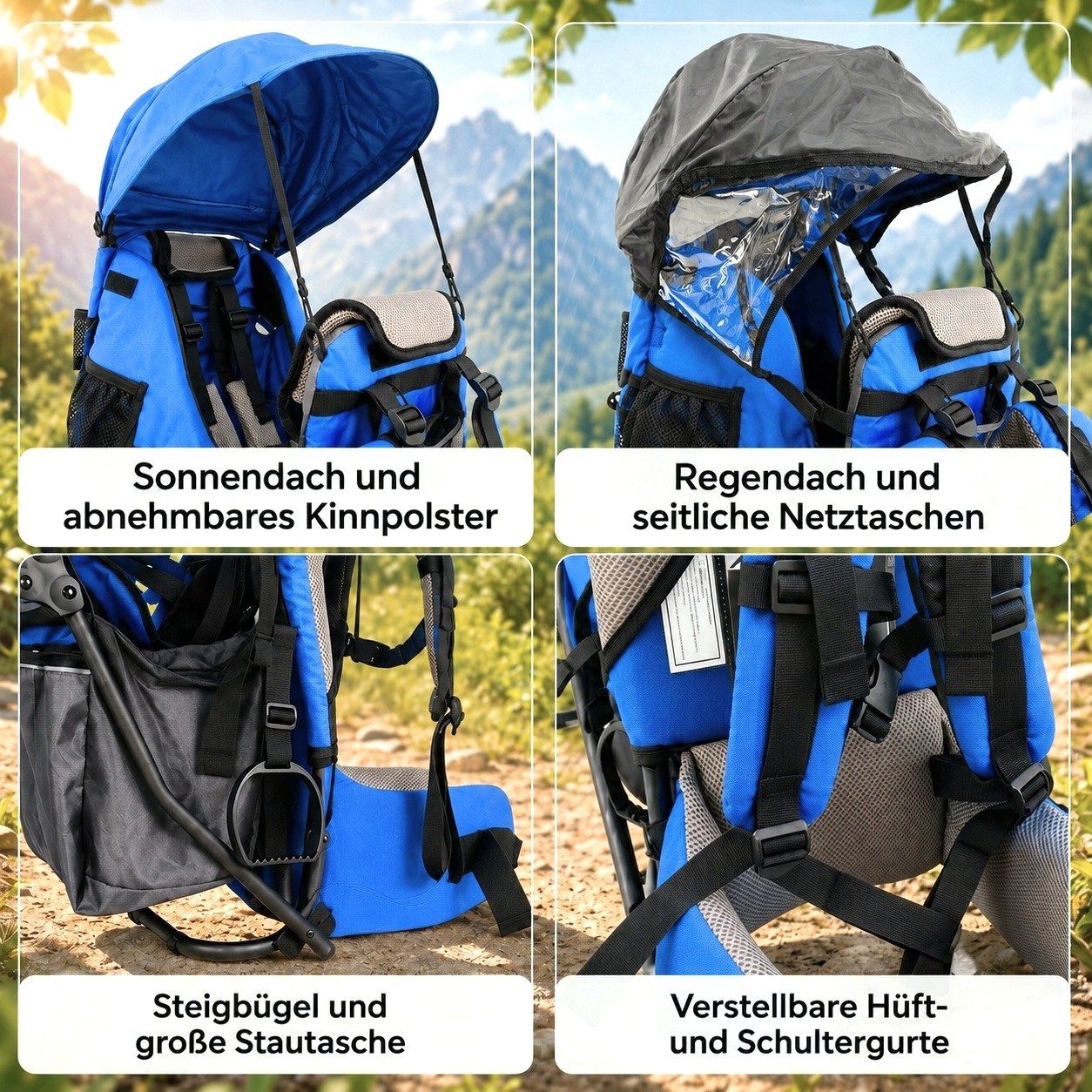 FASports Rückentrage Lil' Boss Kinderkraxe, Kindertrage (Kinderrückentrage, 1-tlg., blau-grau), Babytrage, 5-Punkt-Sicherungsgurt, Regen- und Sonnendach, Tasche – Bild 3 von 5