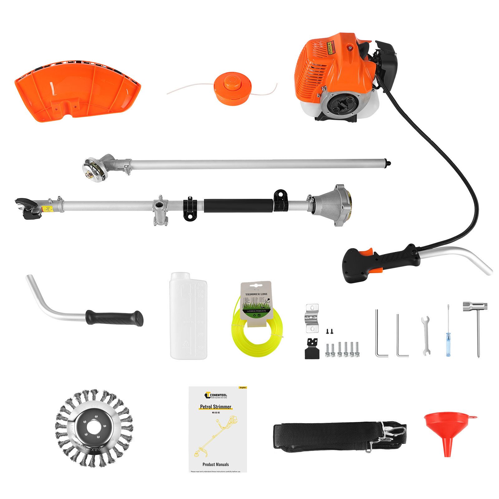 CONENTOOL Benzin-Motorsense Multifunktions Rasentrimmer mit austauschbaren Aufsätzen, 35 cm Arbeitsbreite Faden, 2-in-1 Rasentrimmer mit austauschbarem Fadenkopf & Stahlbürste