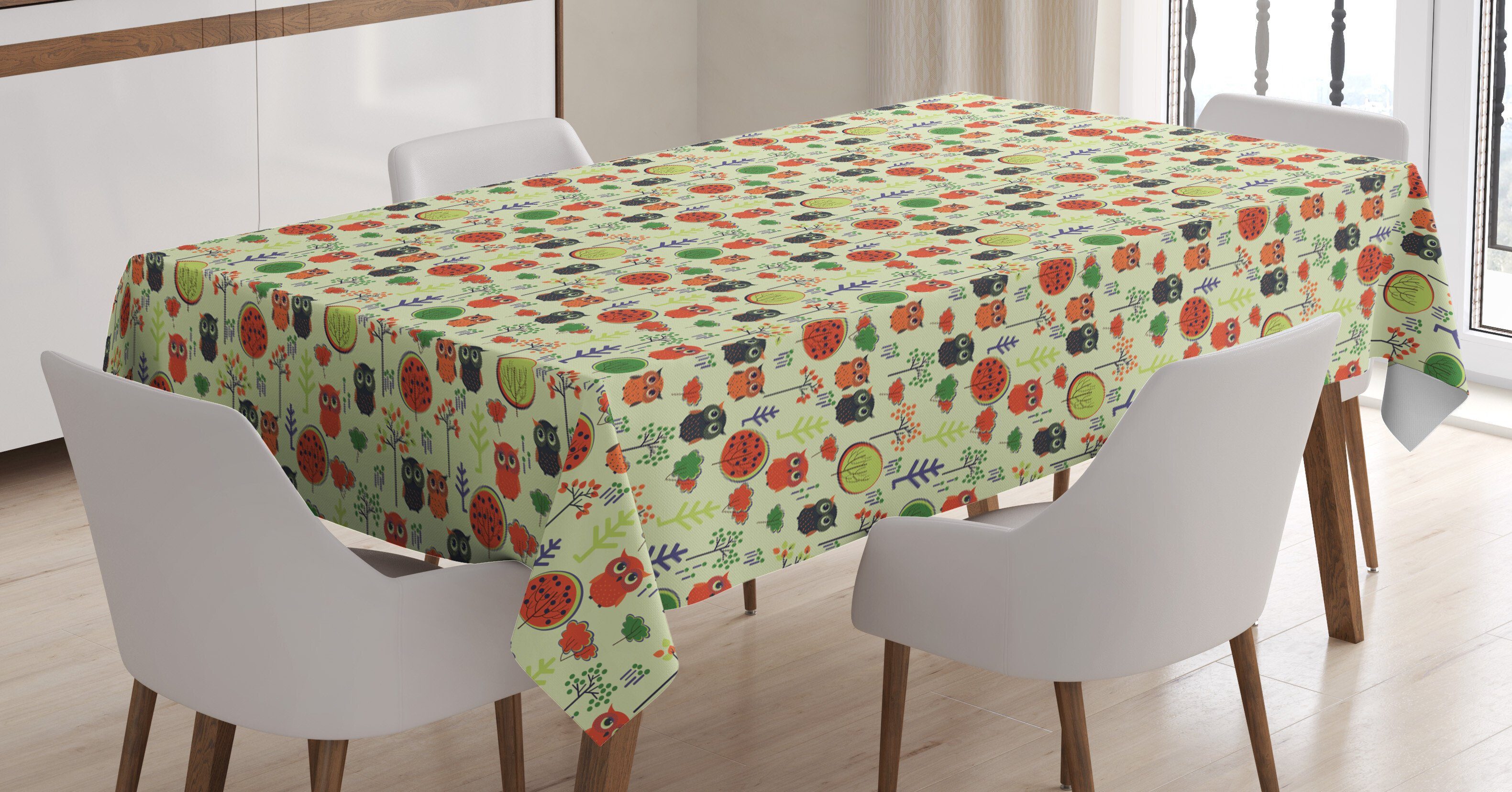 Abakuhaus Tischdecke Farbfest Waschbar Für den Außen Bereich geeignet Klare Farben, Eulen Vögel Bäume und Pflanzen