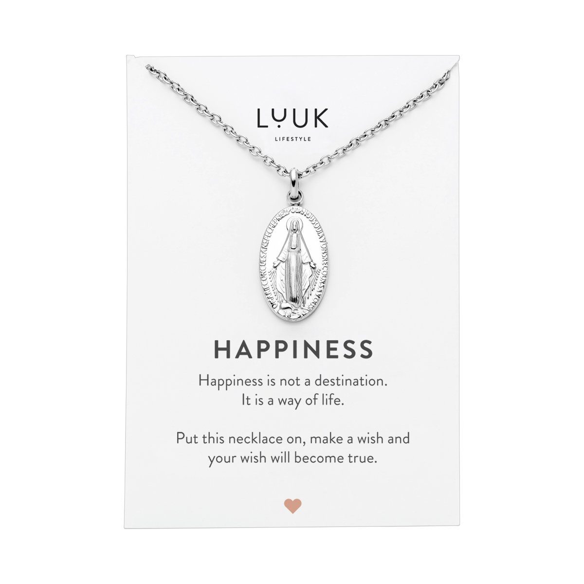 LUUK LIFESTYLE Kette mit Anhänger Jungfrau Maria, Jungfrau Maria christliches Symbol Anhänger und HAPPINESS Geschenkkarte, Glücksbringer, Damenschmuck, verstellbare Länge, Kommunionsgeschenk, Taufe, Silber