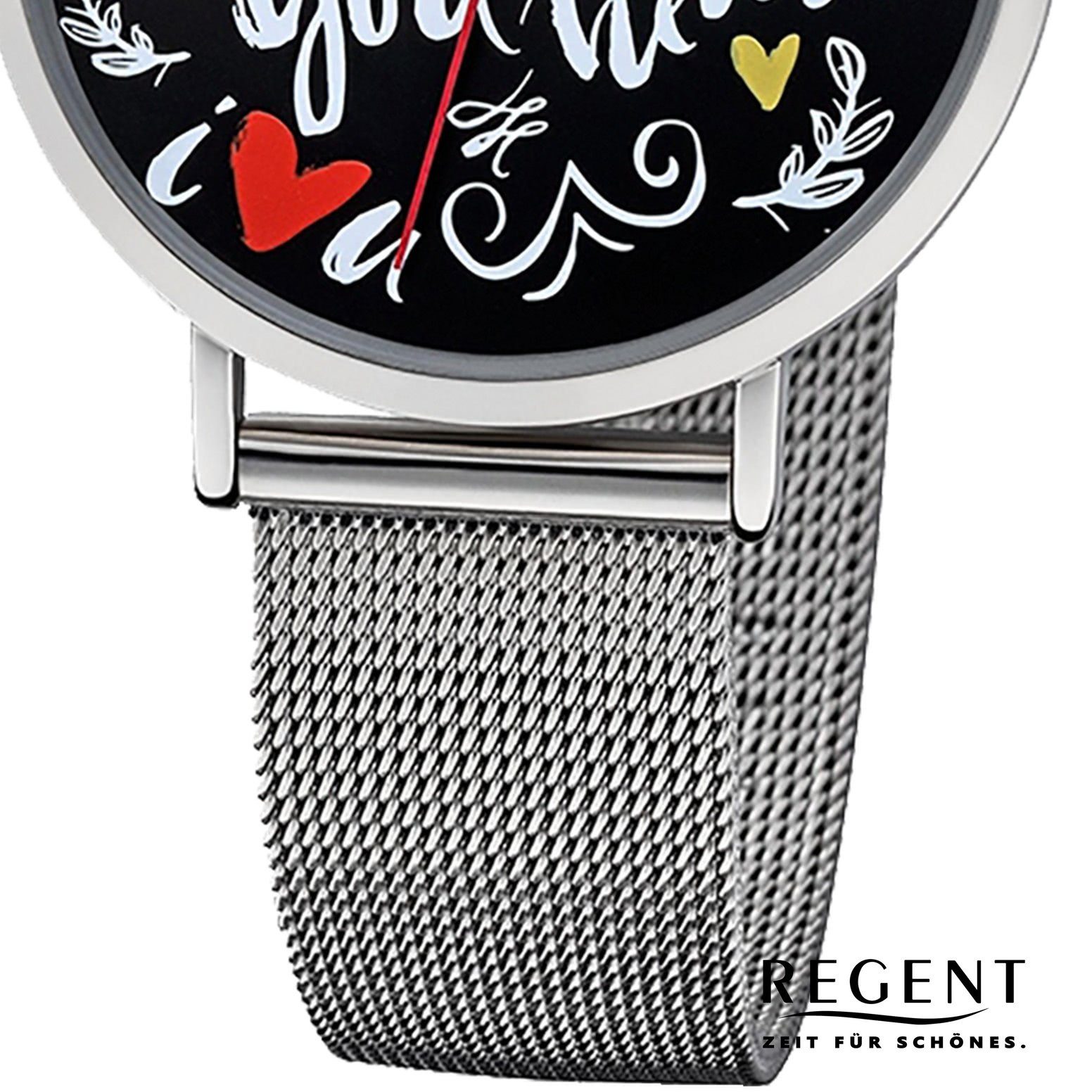 Regent Quarzuhr Regent Damen Uhr Scribble Look BA-516, (Analoguhr), Damen Armbanduhr rund, mittel (ca. 35mm), Metallarmband