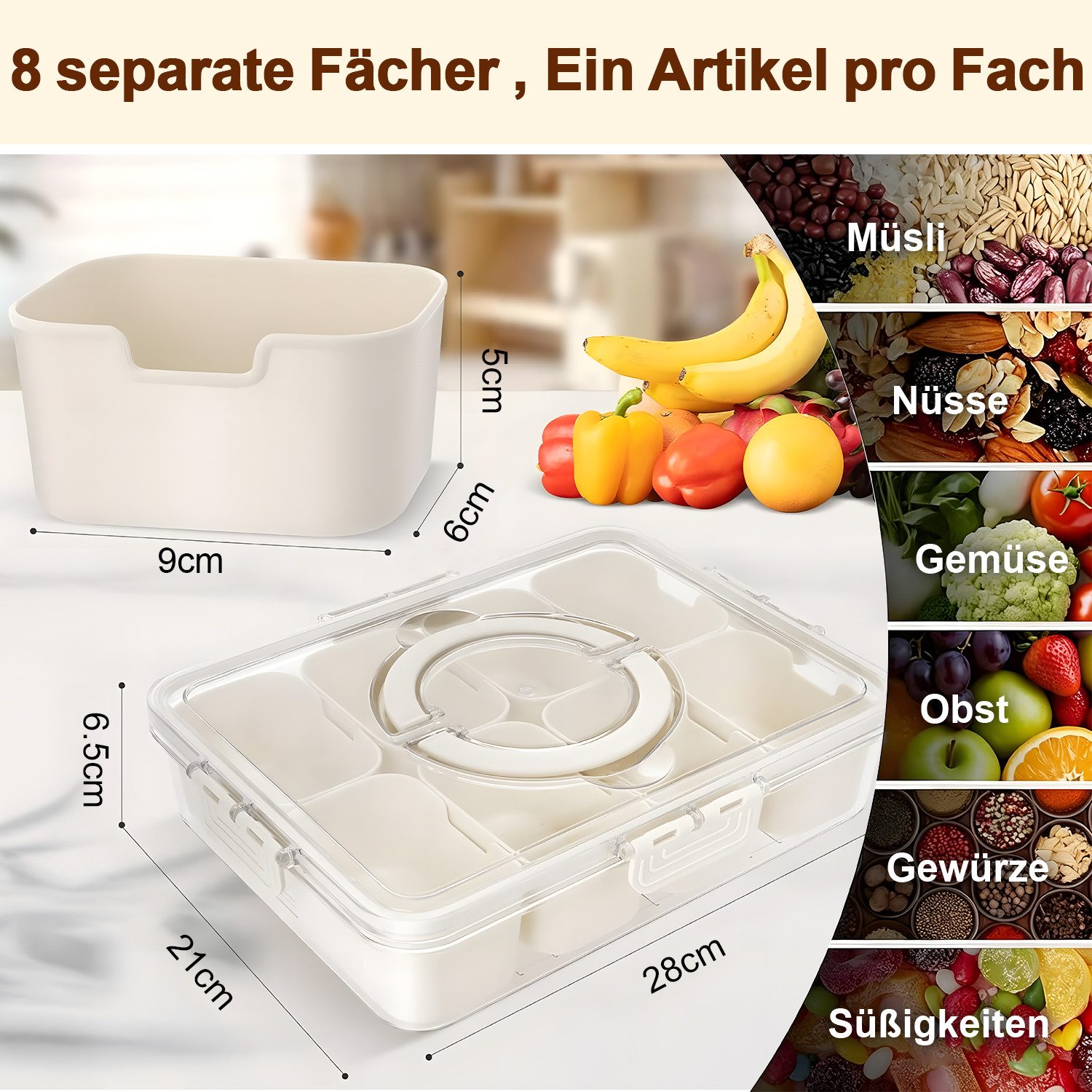 HEYHIPPO Frischhaltedose Snackbox 8 Fächer mit Deckel & Griff – 28×21×6,5 cm, für Obst & Nüsse, (Packung, Lebensmittelbehälter – versiegelter Snackcontainer, fü – Bild 2 von 5