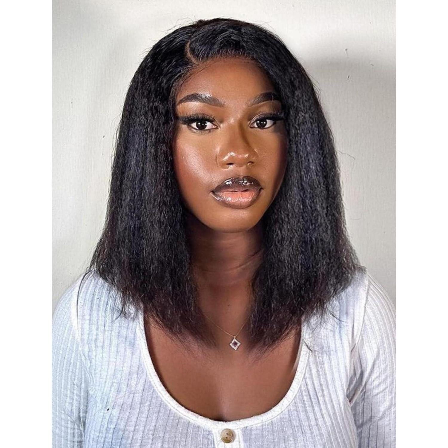 LuxusKollektion Echthaarperücke Perücke Bob Echthaar Lacefront Kinky Glueless Babyhair 45 cm Schwarz