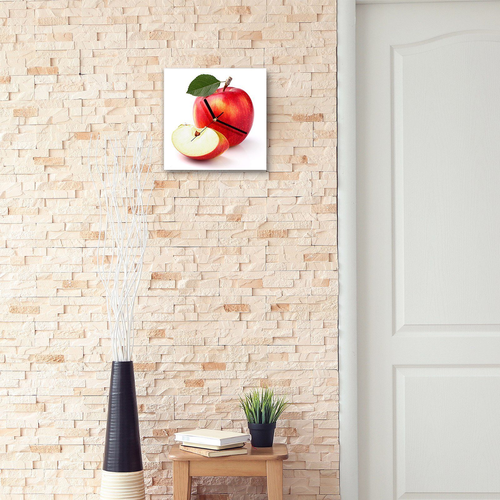 30 Roter Größe cm x Blatt Wandkunst Wanduhr mit Primedeco mit Apfel 30 Motiv Wanduhr Glasuhr