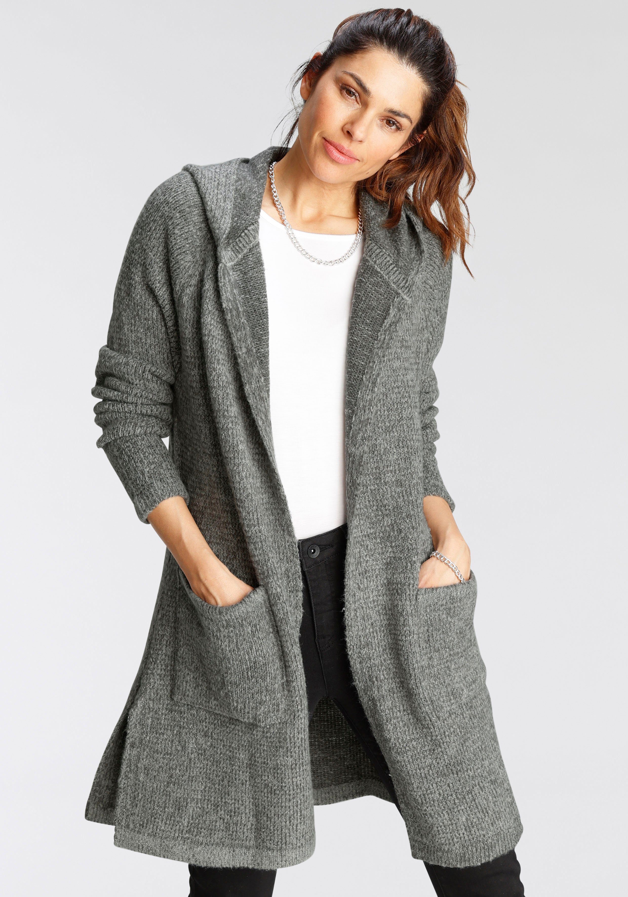 Boysen's Strickjacke Oversize in modischer Longform mit Kapuze grau