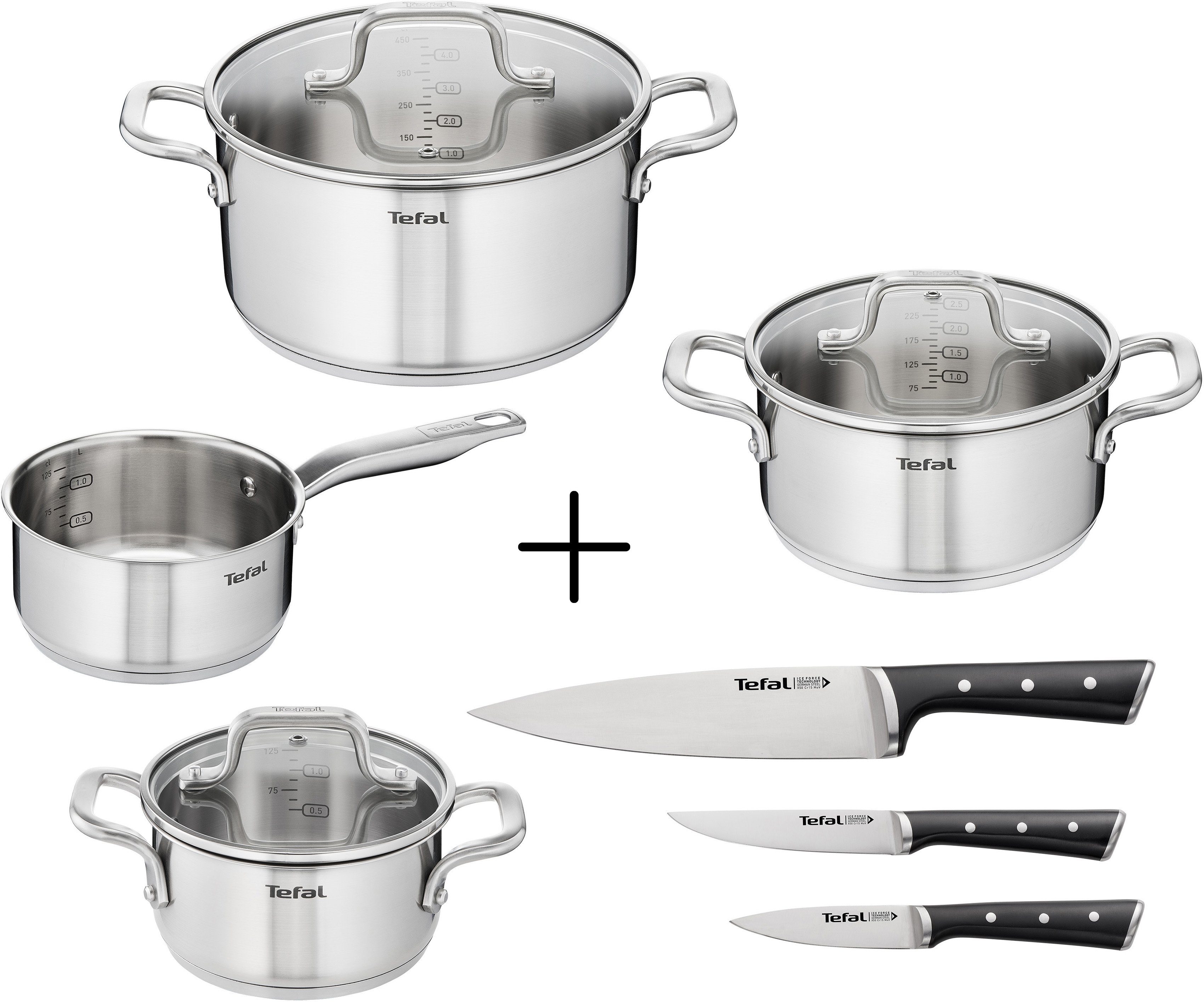 Tefal Topf-Set Virtuoso + Edelstahl (alle Herdarten) Messer-Set 7-teilig Edelstahl-Topfset Edelstahl-Topfset (Set, 3-teilig), 3tlg., + Ice 10-tlg., Set: + Force, 7er Induktion Messerset