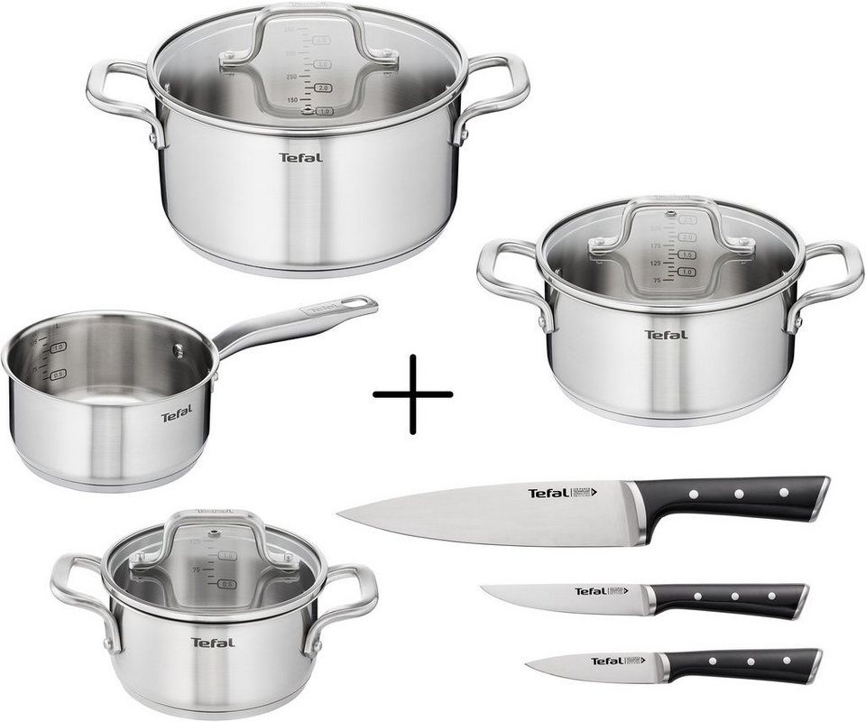 Tefal Topf-Set Virtuoso 7er + Ice Force, Edelstahl (Set, 10-tlg., Edelstahl- Topfset 7-teilig + Messerset 3-teilig), Set: Edelstahl-Topfset (alle  Herdarten) + Messer-Set 3tlg., Induktion