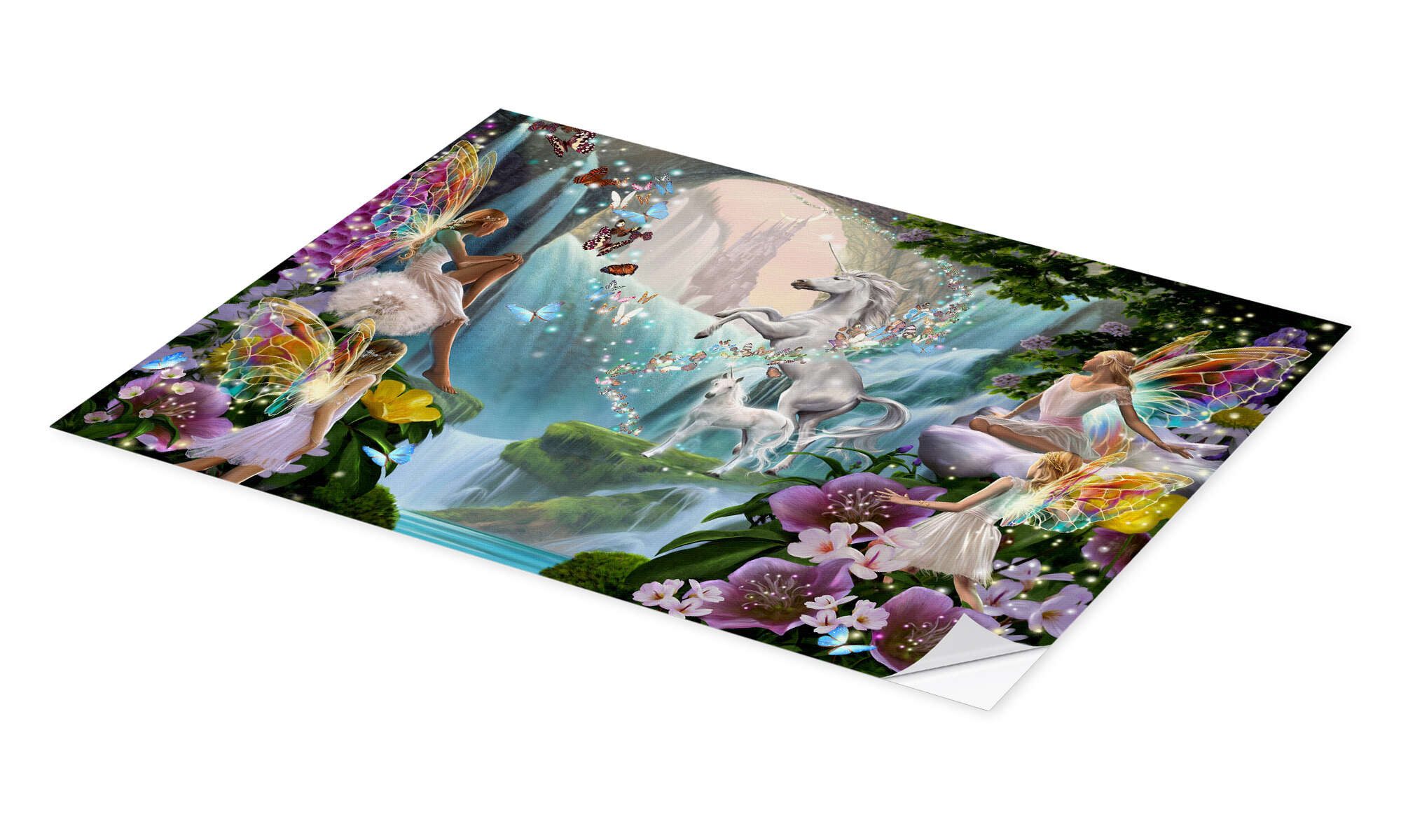 Posterlounge Wandbild Feen und Einhörner am Wasserfall, Garry Walton, erhältlich als Poster, Leinwandbild, Wandsticker oder Acrylglasbild