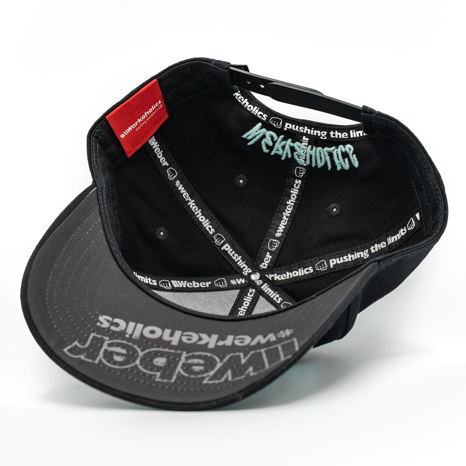 Weber GmbH Baseball Cap Weber #Werkeholics Baseball Cap schwarz/türkis (1-St) basecap, mit 3D-Logostick