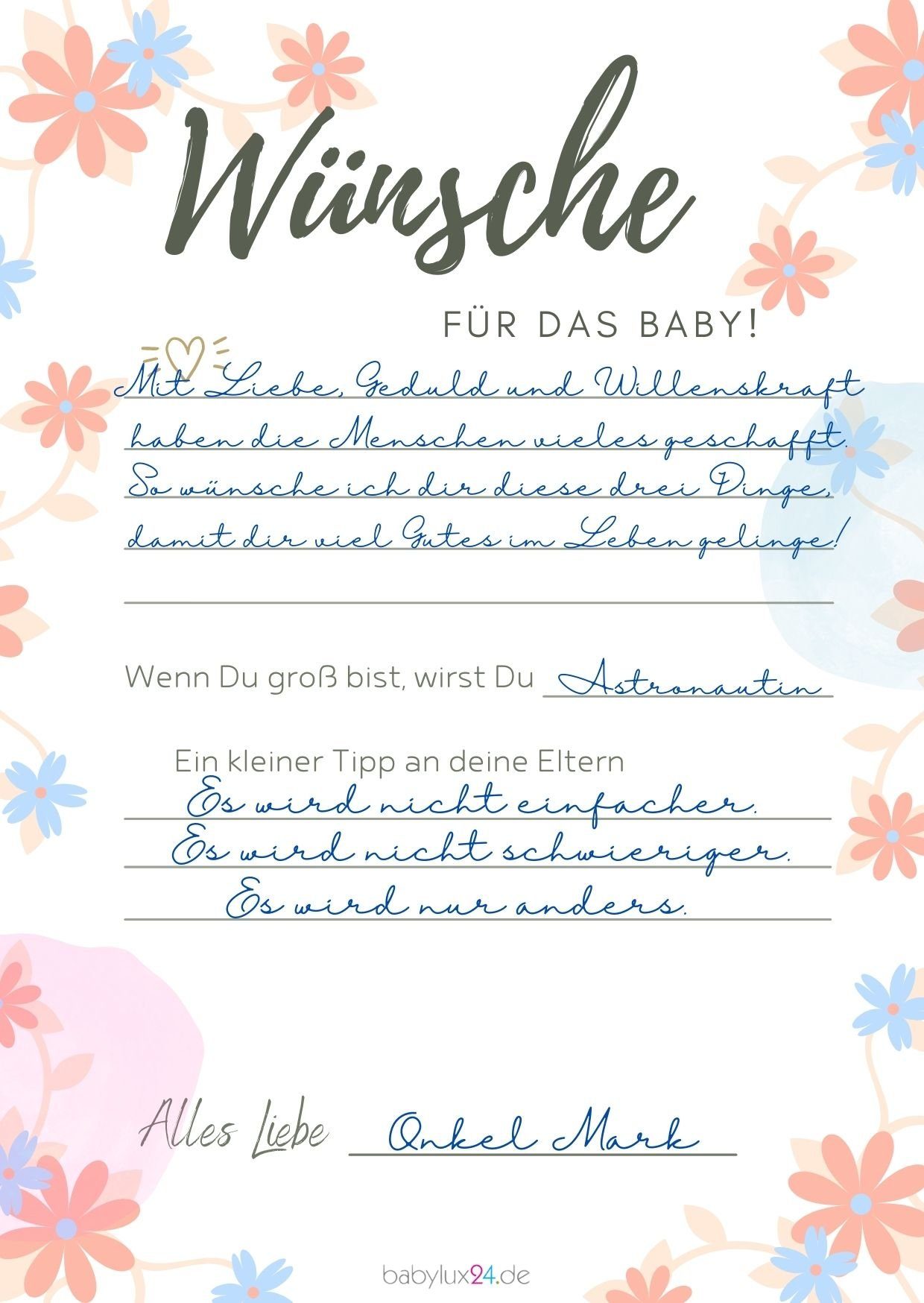 EMI & SAM Spiel EMI&SAM Babyparty Wunschkarten Karten Junge & Mädchen Wünsche Baby Shower 20 St, Blumen Orange
