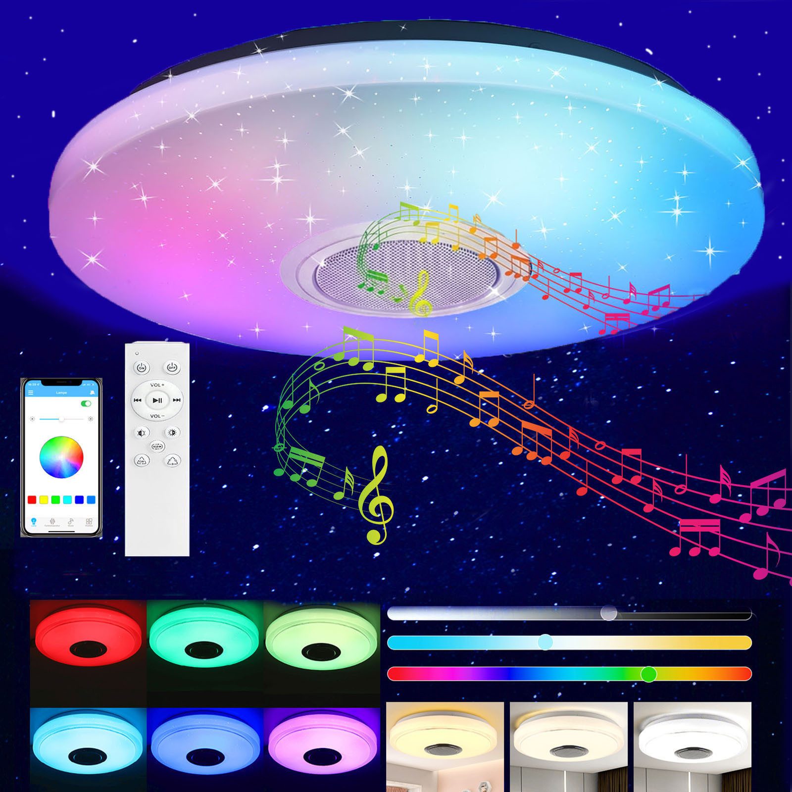 oyajia Deckenleuchte 50cm Musik LED Deckenlampe mit BT Lautsprecher, RGB Farbwechsel Lampe, LED fest integriert, RGB, Dimmbar mit Fernbedienung APP, für Schlafzimmer Wohnzimmer Bad Hotel