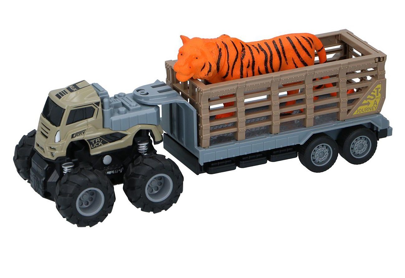 Bubble-Store Spielzeug-LKW Spielzeug Tiertransporter, (Zugmaschine mit Friktionsantrieb), Anhänger mit Gatter und Tiger