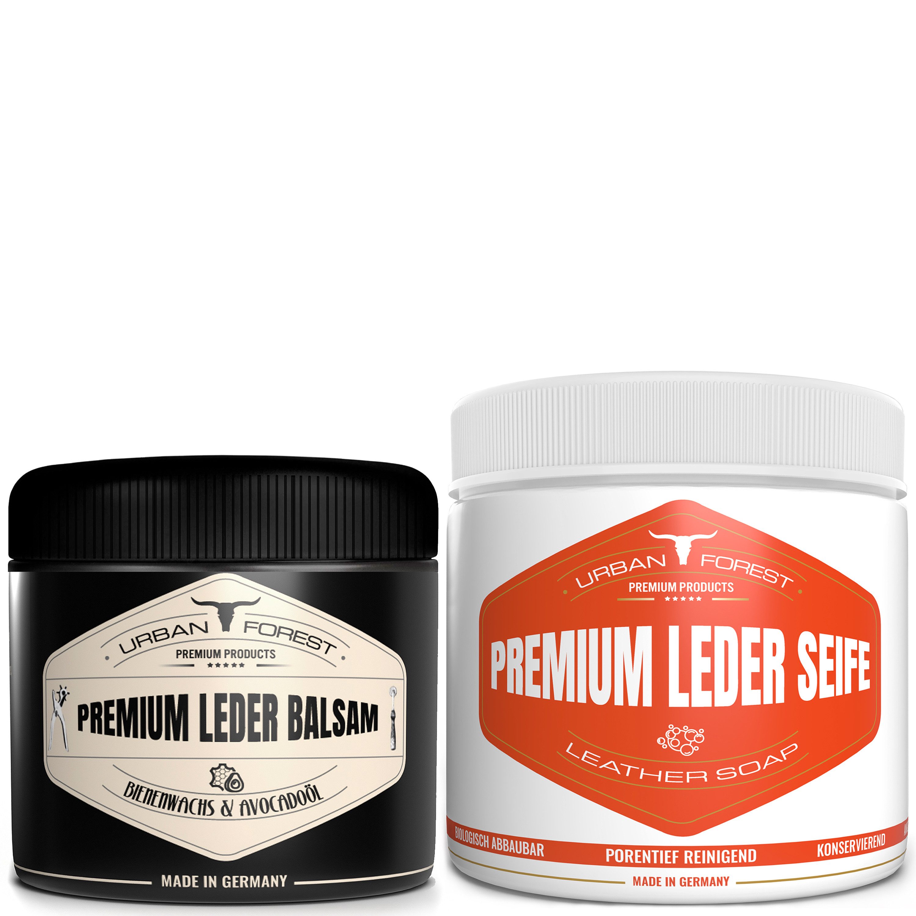 URBAN FOREST Lederseife, Lederbalsam, Lederreinigung für Glattleder Lederreiniger (1-St. Leder Seife 500ml + Leder Balsam 250ml Lederreiniger, Lederseife, Lederreinigung, Ledermöbel, Ledersofa)