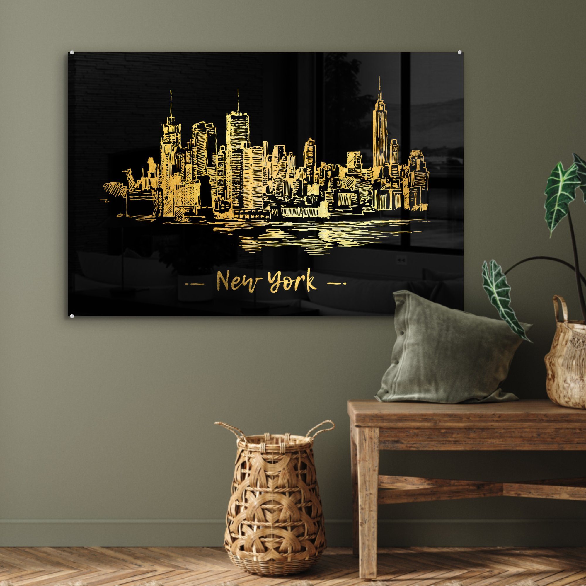 Gold, & Skyline MuchoWow Schlafzimmer (1 Acrylglasbild Wohnzimmer - Acrylglasbilder St), - New York