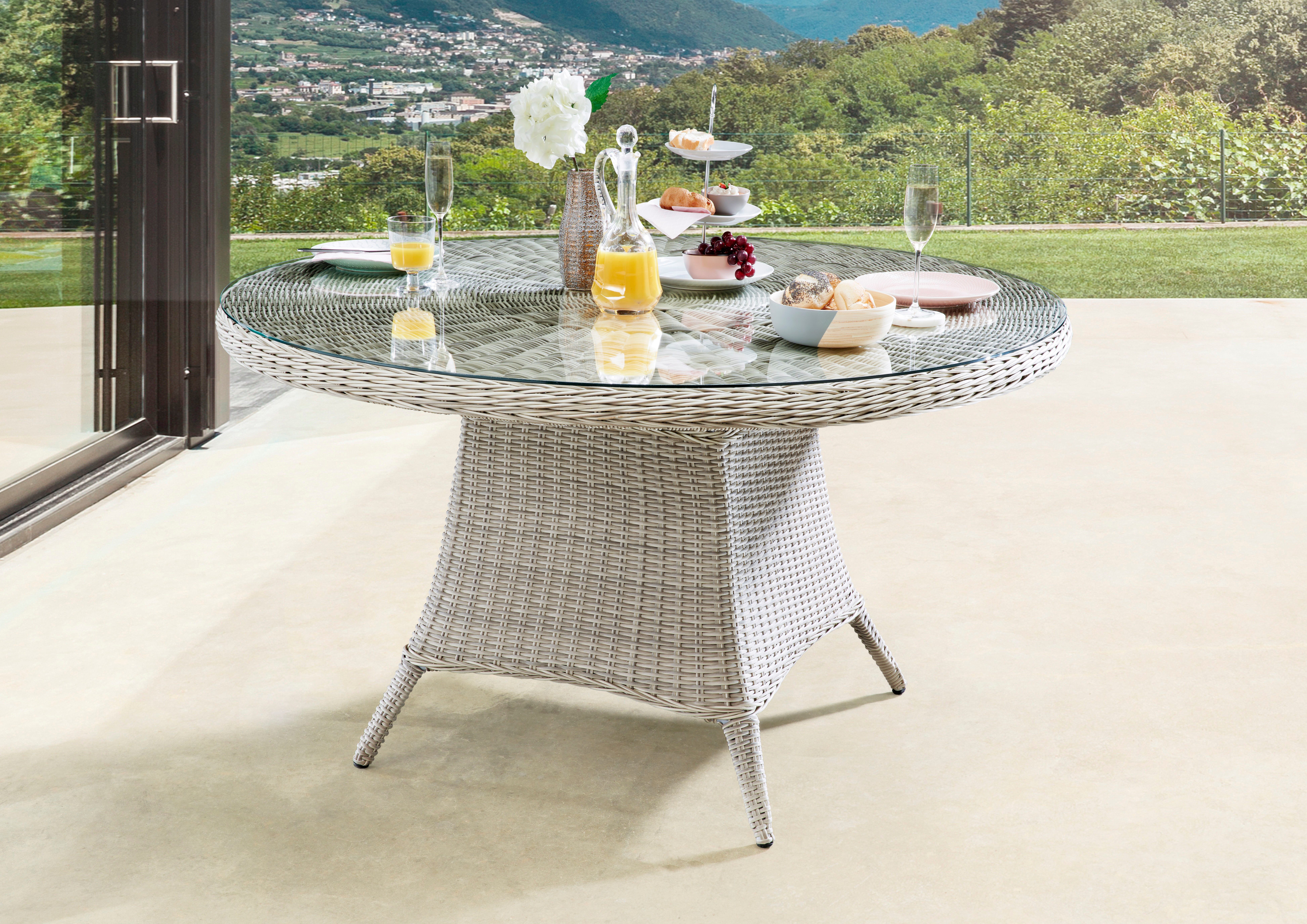 Destiny Garten-Essgruppe PALMA LUNA 4 HL + Tisch Ø 100x75cm vintage weiß, (Set, 5-tlg., 4 HL stufenlos verstellb. inkl. Polster, 1 Tisch mt aufgel. Glasplatte), Aluminium, Polyrattan