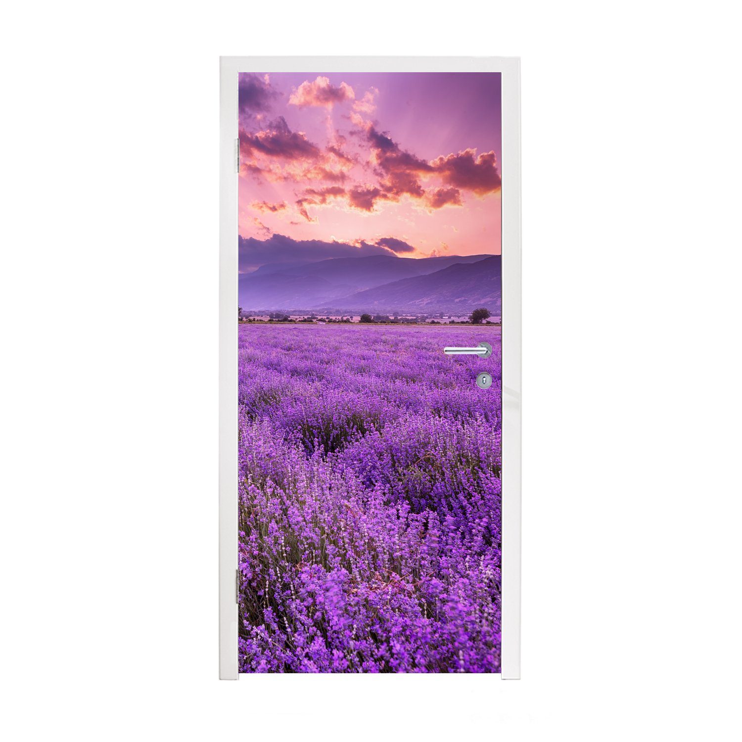 MuchoWow Türtapete Lavendel - Lila - Blumen - Feld, Matt, bedruckt, (1 St), Selbstklebende Tapete, Folie für Möbel, 75x205 cm
