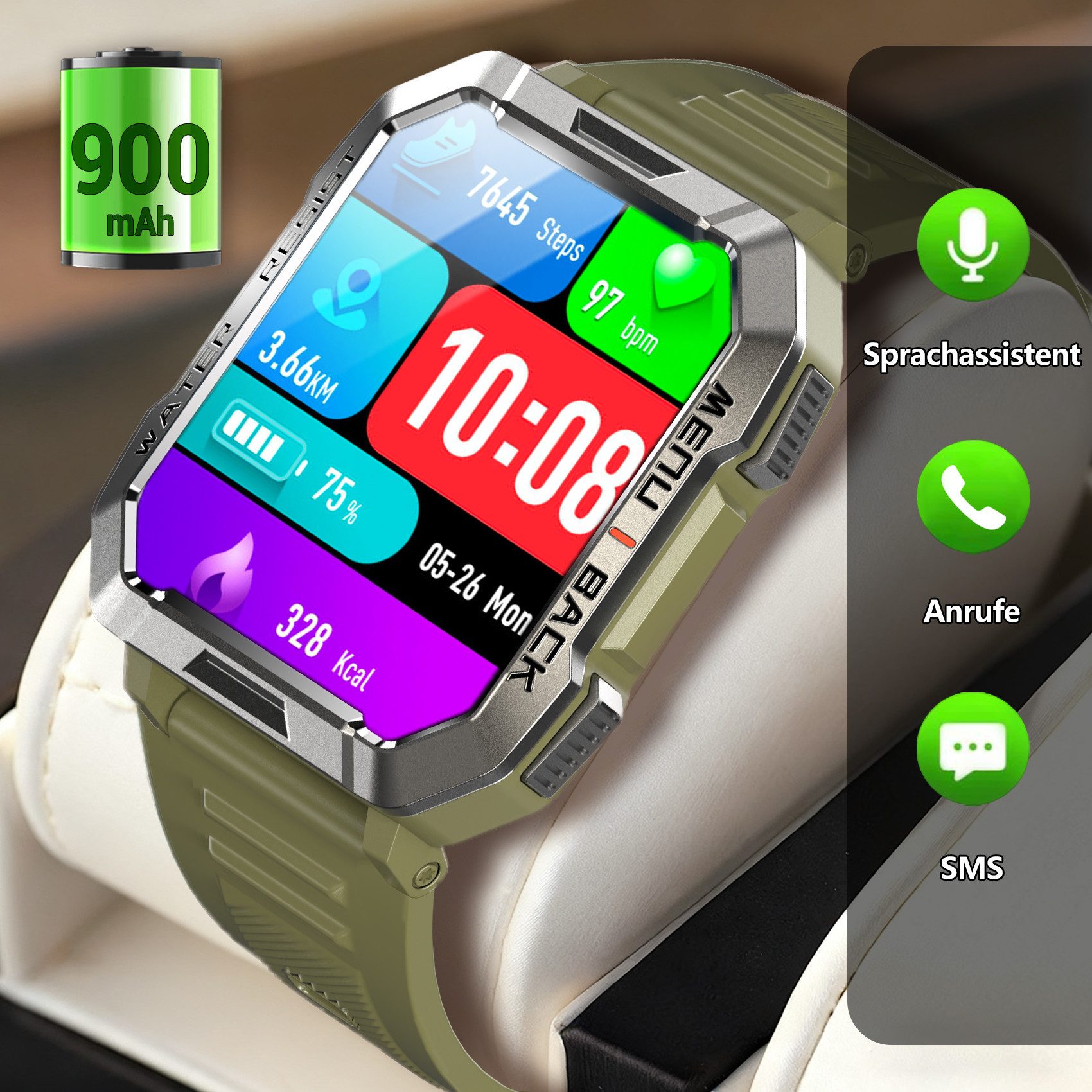 blackview Smartwatch Herren Militär,LEDTaschenlampe/Kompass/2 Armbänders/Outdoor Smartwatch (2.01 Zoll, iOS/Android), 2 Armbänder 1 Ladekabel, Anruffunktion,30Tage Akkulaufzeit,Schrittzähler,Wettervorhersagen,IP68