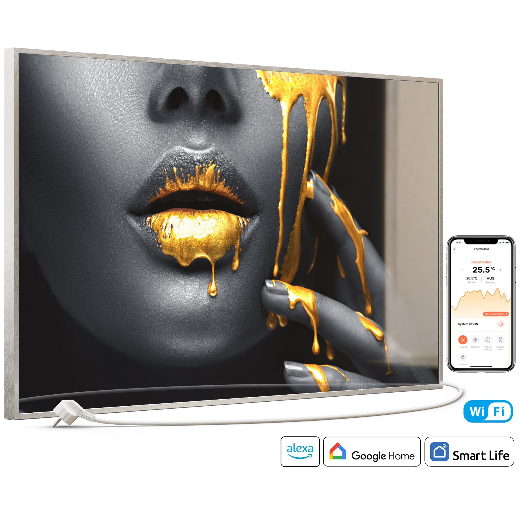 STEINFELD Heizsysteme Infrarotheizung Glas-Bild 600W, 100x60cm, Made in Germany, 7 Jahre Garantie, mit Thermostat, Silber