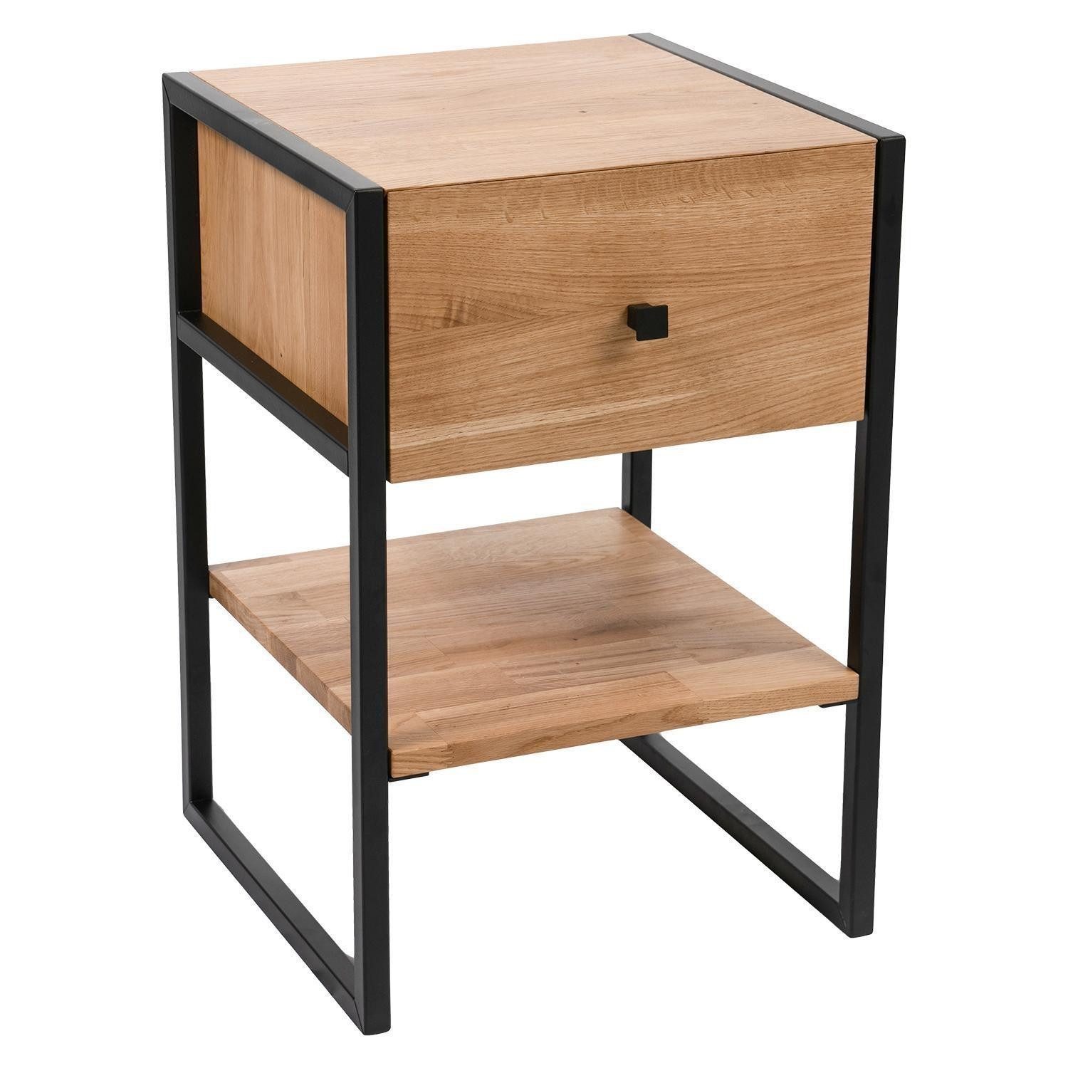 M2 Beistelltisch BOLZANO, Braun, Schwarz, Metall, Wildeiche massiv, mit Ablage, 1 Schublade, B 40 x H 60 x T 40 cm