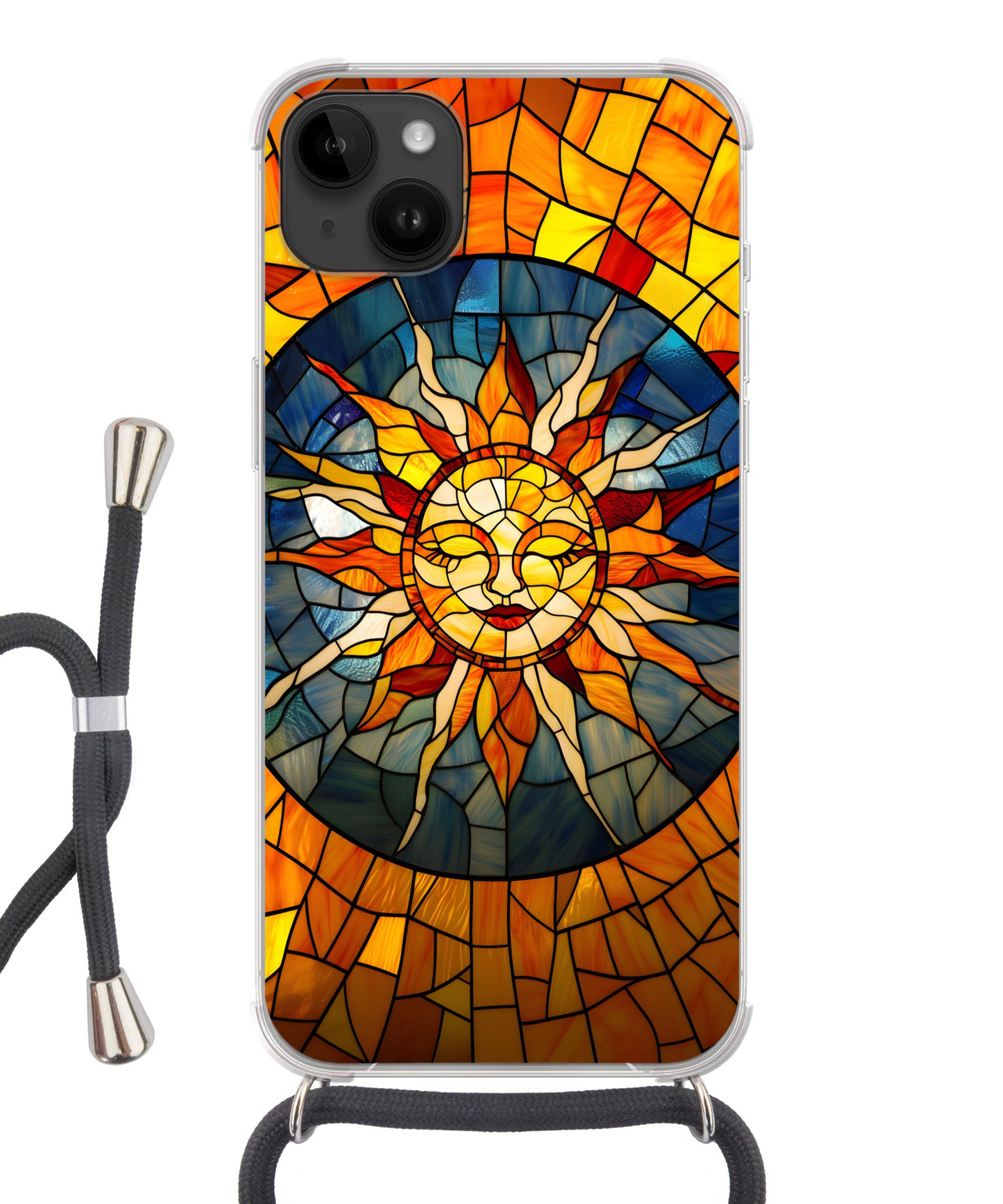 MuchoWow Handyhülle für Apple iPhone 14 Max Mosaik - Sonne - Gelb - Kreis, Tragbare Handyhüllen mit Kette zum umhängen, Handykette Handyband