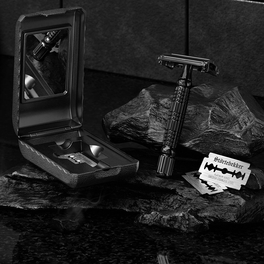 Störtebekker Rasierhobel Herren - Silber - im handgefertigten Lederetui inkl. 10 Klingen, perfekt für Einsteiger