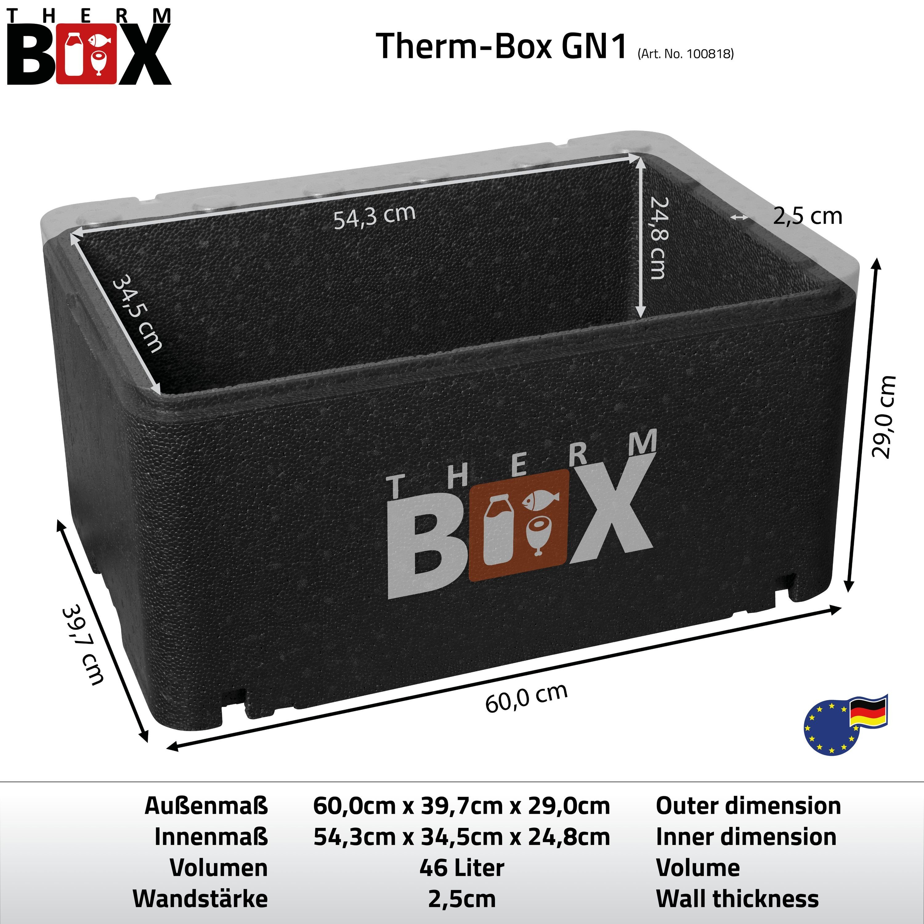 0-tlg., mit Kühlbox Thermobehälter Styropor-Piocelan, Thermobox (1, Styroporbox 2,5cm Wand: im Deckel Profibox Box Warmhaltebox Isolierbox Wiederverwendbar, THERM-BOX 54x34x24cm Karton), Innenmaß: 46,5L GN1