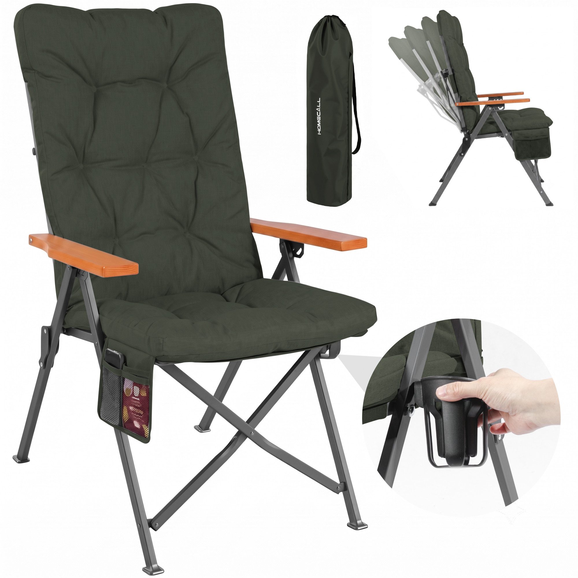 HOMECALL Campingstuhl Faltbar Hochlehner Luxus Klappstuhl mit 4,5cm Dicke Gepolstert (150kg Belastbar mit 4 Positionen Verstellbar Angelstuhl, 1 St), für Garten Balkon Wohnmobil