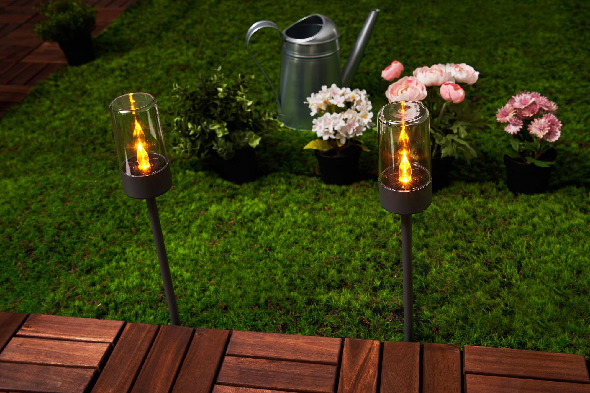 Set Erdspieß, LED Solarbetrieben, 2er Sunshine Gartenfackel LED-Modul, Happiness, integriert, LED fest Pauleen