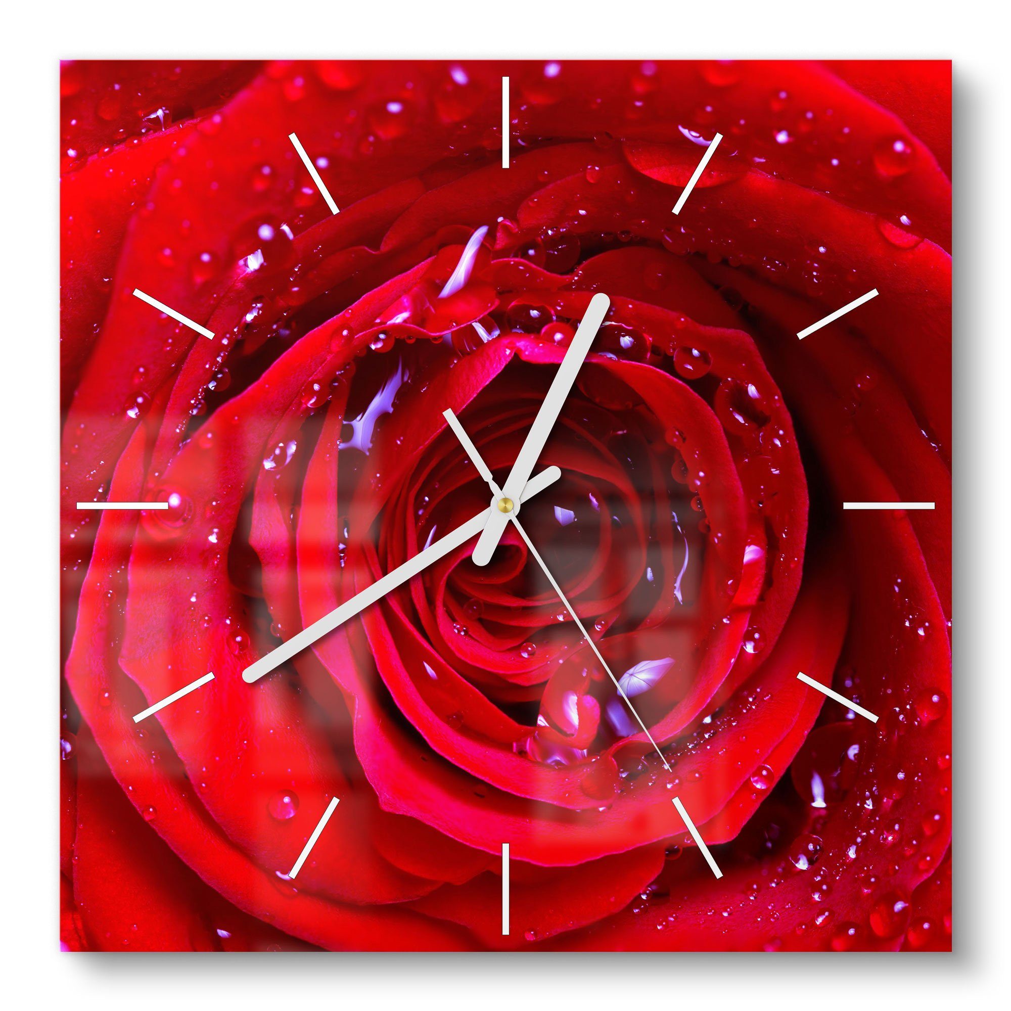DEQORI Wanduhr 'Rose mit Wasserperlen' (Glas Glasuhr modern Wand Uhr Design Küchenuhr)