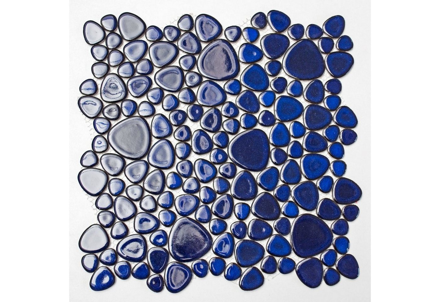 Mosani Mosaikfliesen Kieselmosaik Pebbles Keramikdrops blau glänzend Fliesenspiegel