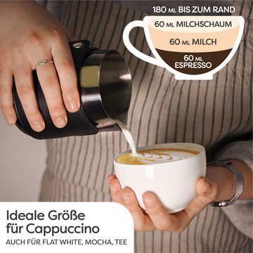 Cosumy Cappuccinotasse 6 Cappuccino Tassen Set Weiß, Keramik, Mit Untertassen - Hält Lange warm - Spülmaschinenfest - 180ml