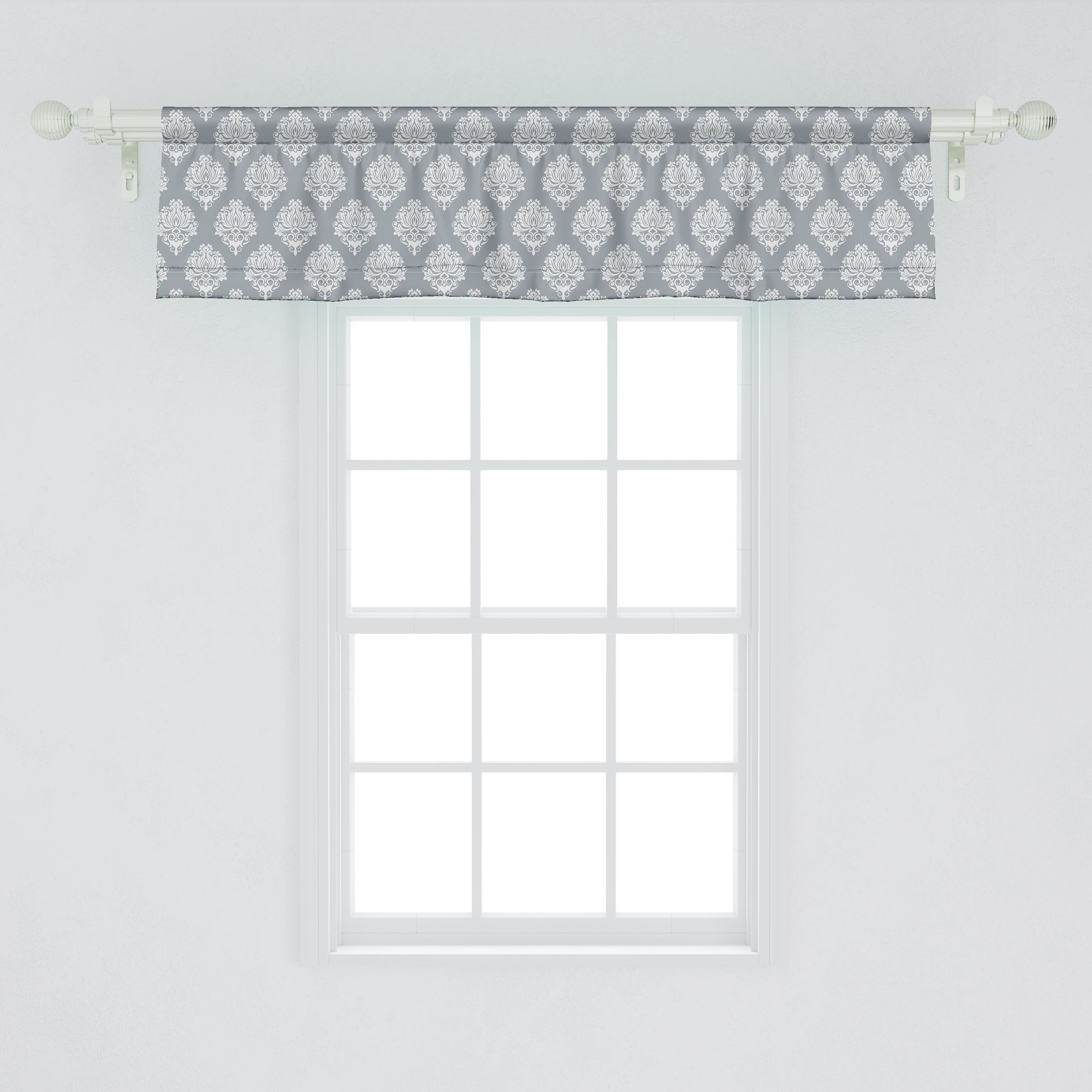 Scheibengardine Rococo mit Küche Vorhang Microfaser, Damast-Grau für Abakuhaus, Vintage Stangentasche, Schlafzimmer Dekor Volant