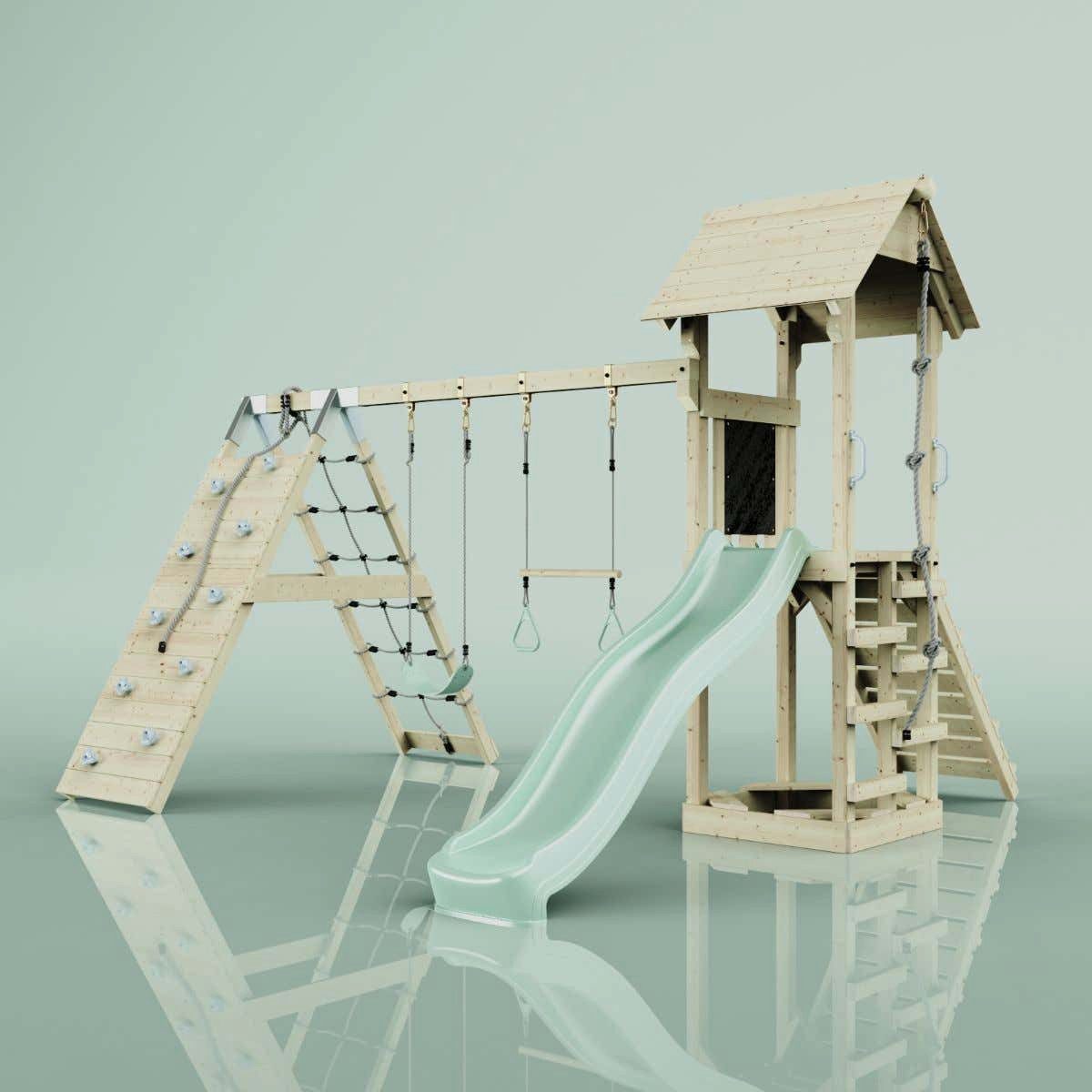 OutdoorToys Spielturm Kiruna, aus Holz in Mintgrün mit Trapezstange & Rutsche, Kletterwand