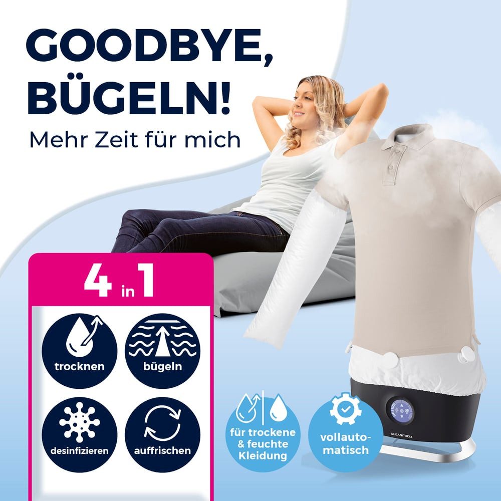CLEANmaxx Bügelsystem PRO STEAM, automatischer Hemdenbügler mit Dampffunktion, 1800 W, schnell faltenfreie Kleidung ohne Bügeleisen Bügelbrett für Hemden etc