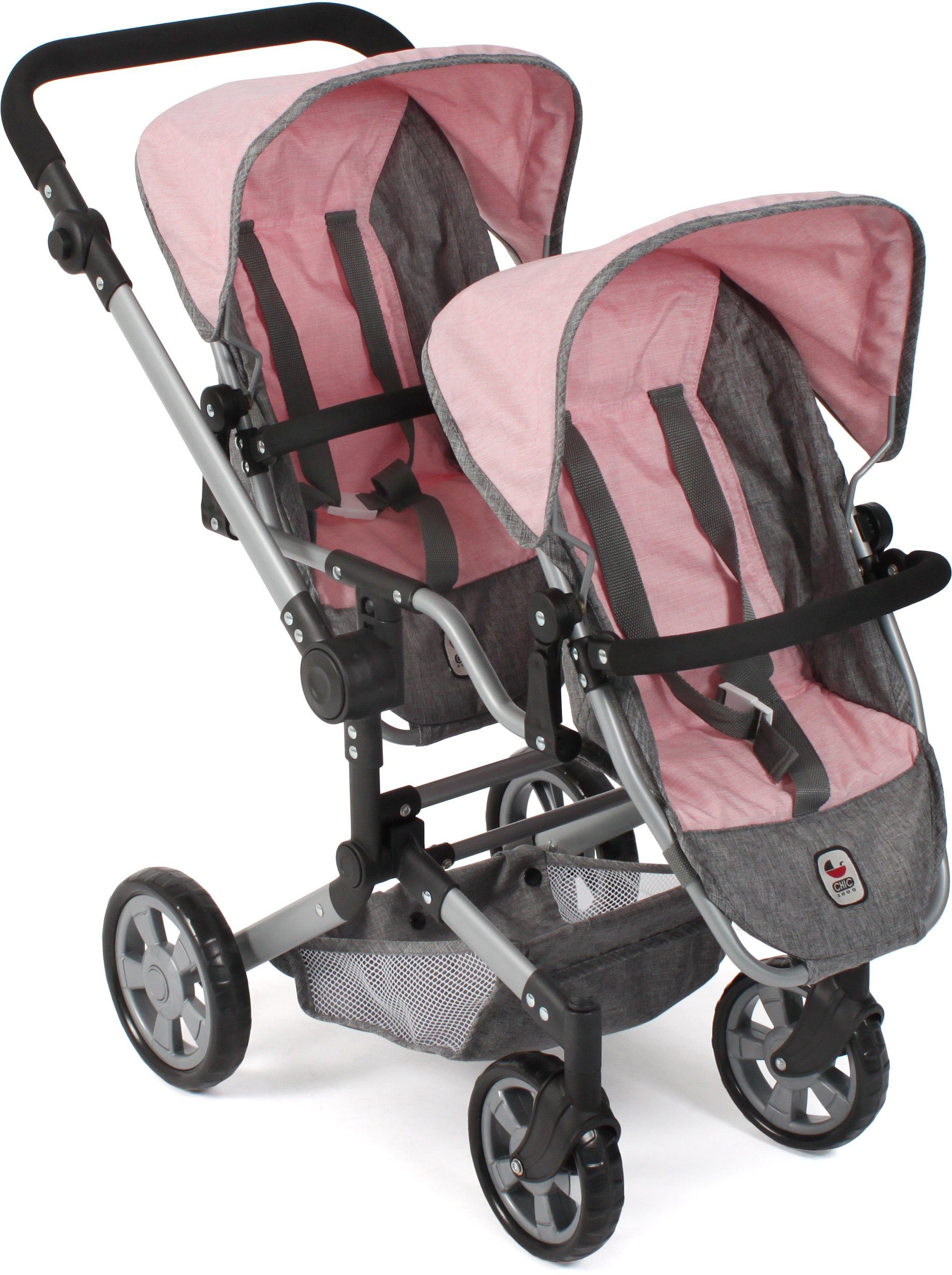 CHIC2000 Puppen-Zwillingsbuggy Linus Duo, Grau-Rosa, mit zwei abnehmbaren, bis in Liegeposition verstellbaren Sportsitzen