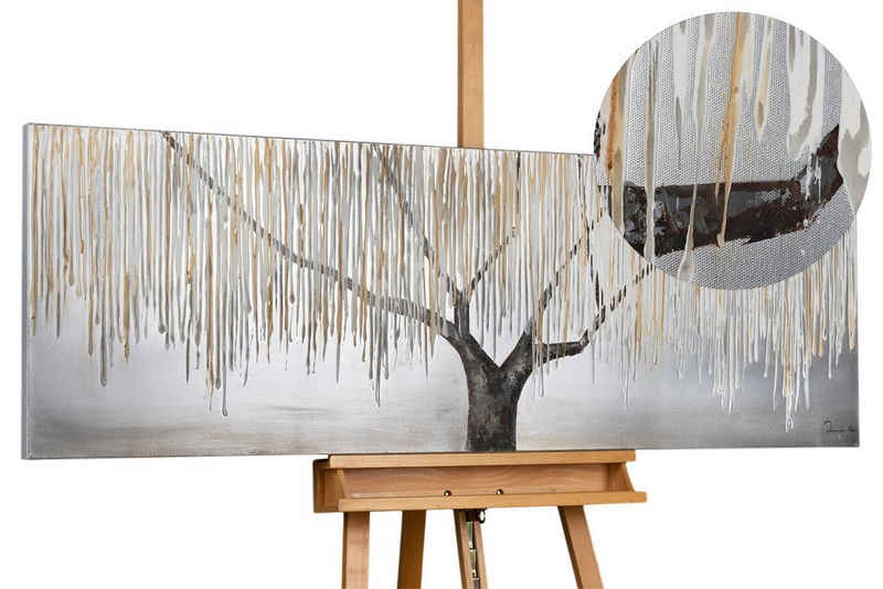 KUNSTLOFT Gemälde Trauerweide im Nebel 150x50 cm, Leinwandbild 100% HANDGEMALT Wandbild Wohnzimmer