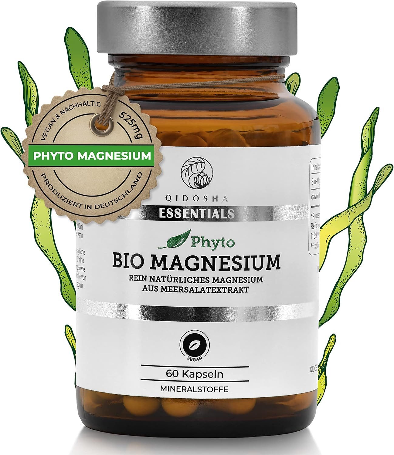 QIDOSHA Magnesium (pflanzlich) aus Bio-Meersalat-Extrakt Kapseln, hochdosiert, 525mg pflanzliches Magnesium bio je Tagesportion, 60 Kapseln im Glas, Magnesium aus Bio Meersalat Ulva lactuca, Meerlattich Magnesium, vegan, laborgeprueft à 60 St., 36.7 g, Laboren geprüft & Made in Germany