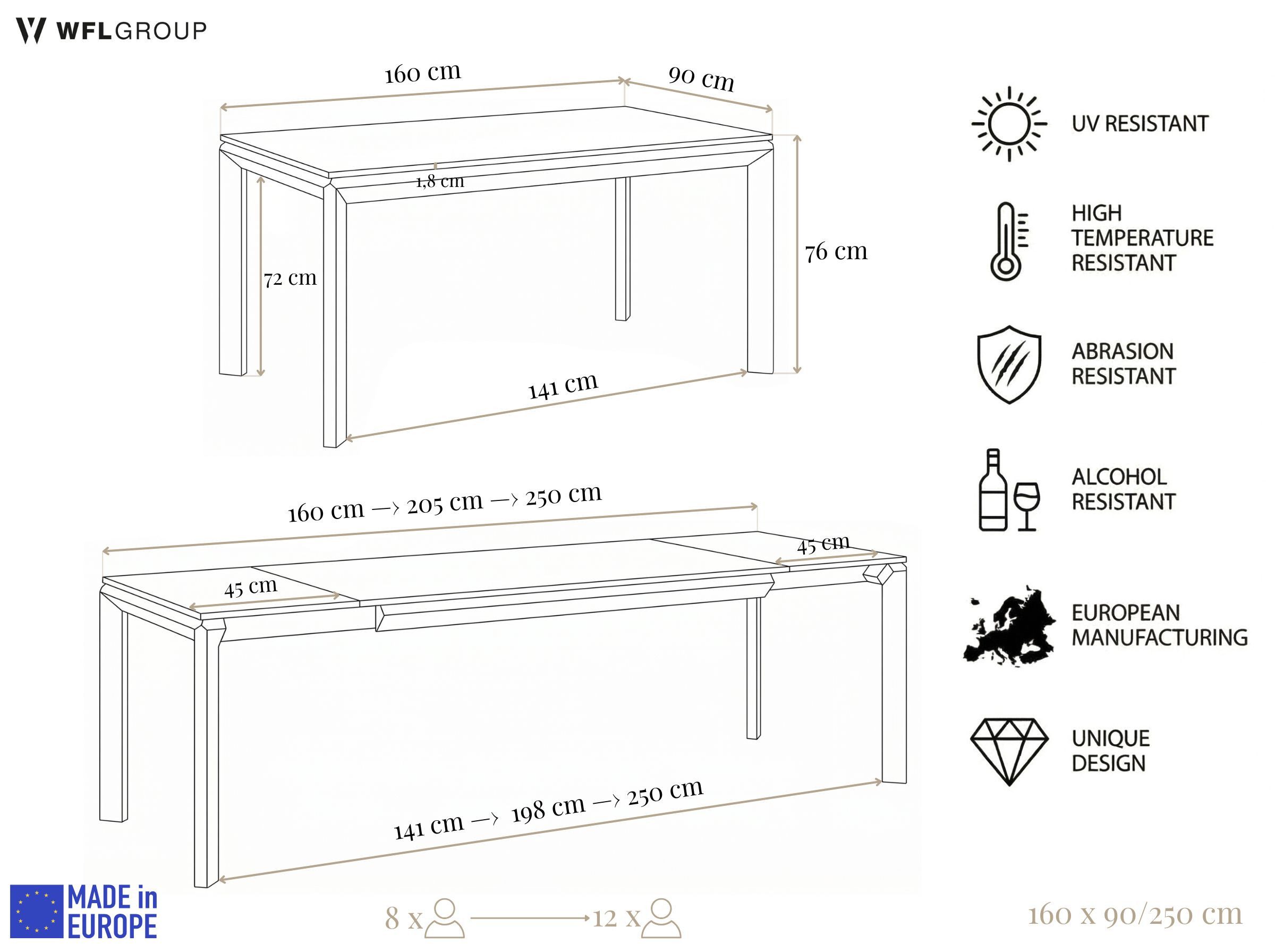 WFL GROUP Esstisch Elan Rechteckiger Ausziehbarer Tisch mit Braunen Beinen (MADE IN EU, XXL Groß – 160 x 90 cm und 180 x 90 cm ausziehbar auf 250 und 270 cm), Butterfly Auszug, Modernes Minimalistisches Premium Design