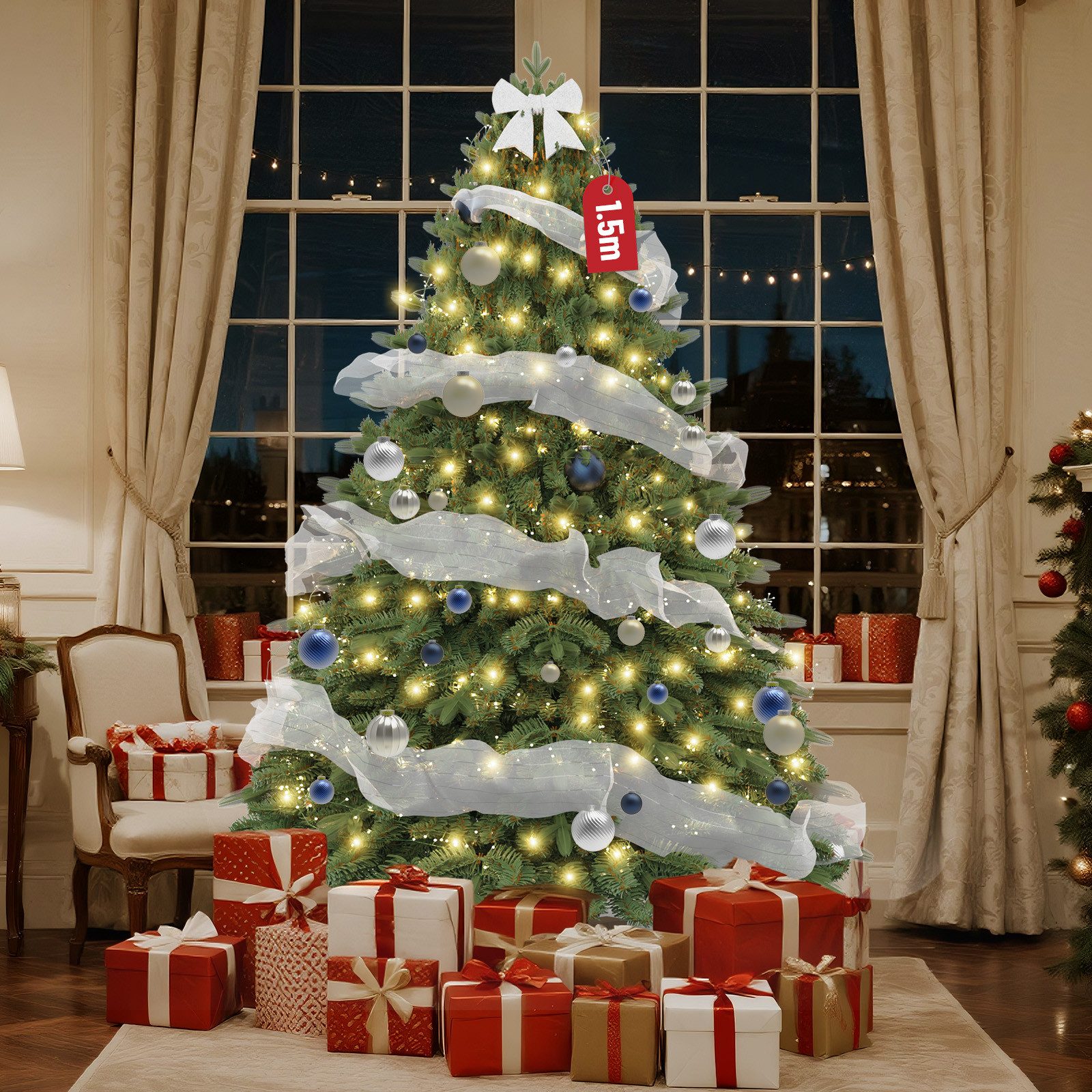 Ferghana Künstlicher Weihnachtsbaum 150/180/210/250CM mit 100/150/200/250LED Beleuchtung, Grün Plastik Kleiner Tannenbaum mit Holz Ständer,Edeltanne, 750-2186PVC/PE Baum Spitzen, Aufbewahrungstasche,Dekorationen